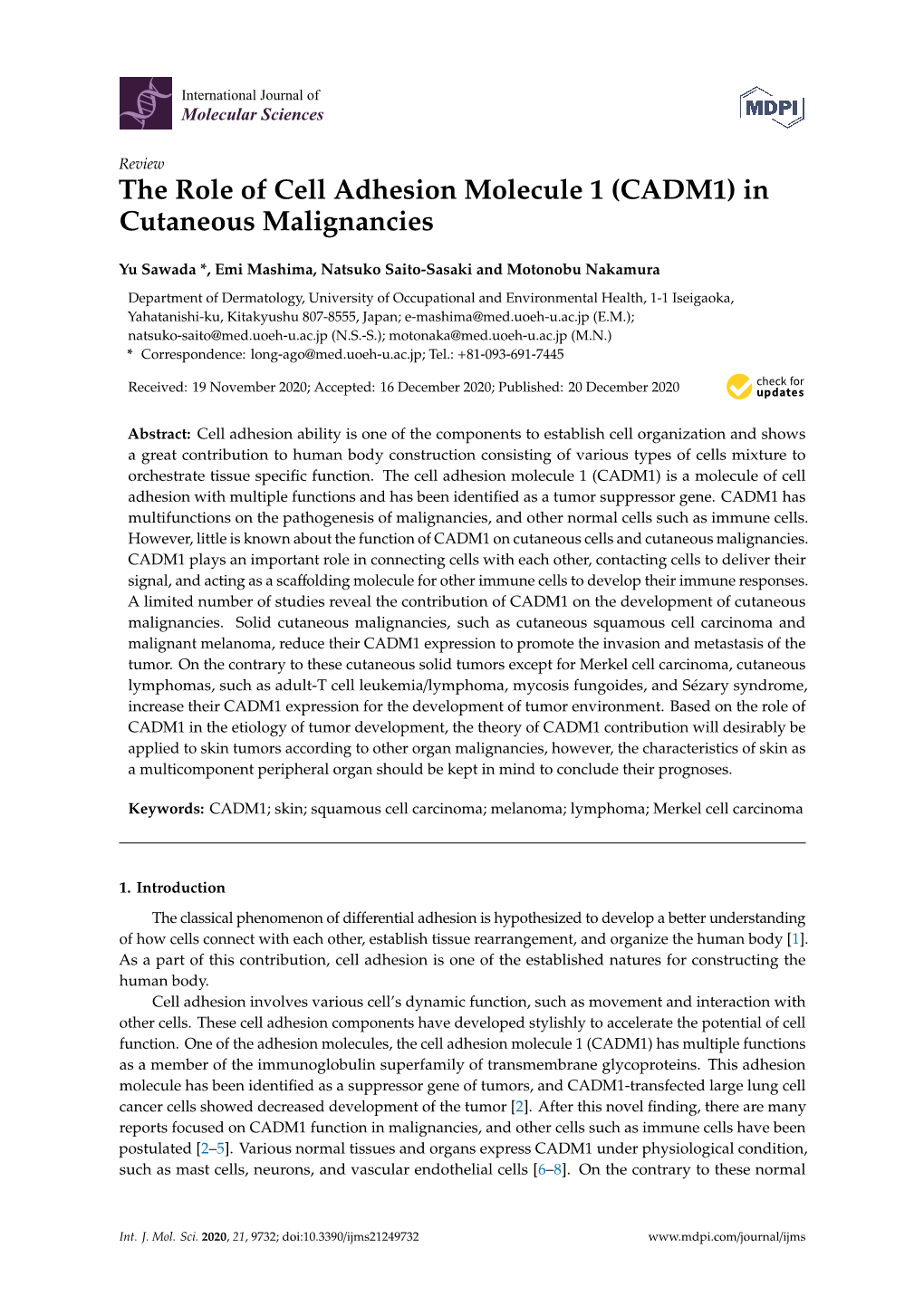 The Role of Cell Adhesion Molecule 1 (CADM1) in Cutaneous Malignancies