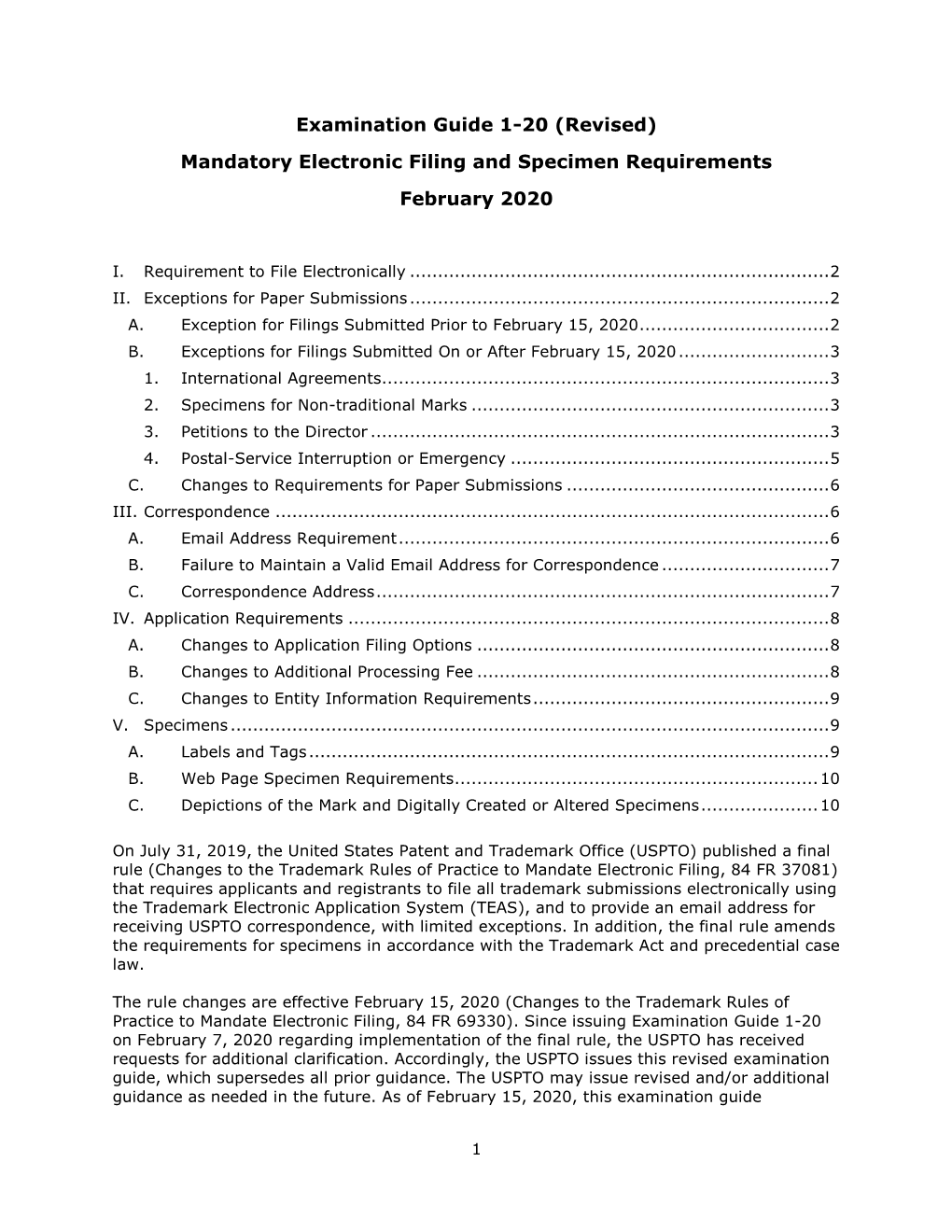 (Revised) Mandatory Electronic Filing and Specimen Requirements February 2020