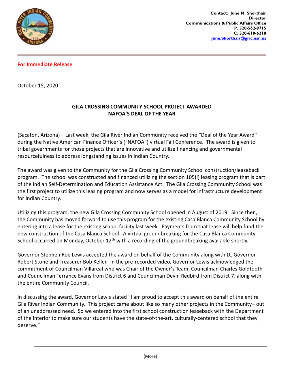 For Immediate Release October 15, 2020 GILA CROSSING COMMUNITY SCHOOL PROJECT AWARDED NAFOA's DEAL of the YEAR (Sacaton, Arizo