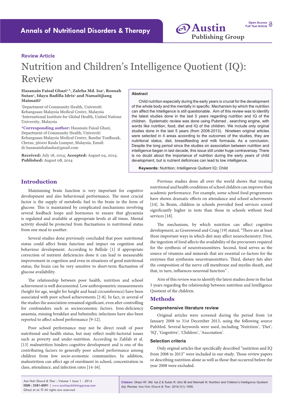 Nutrition and Children's Intelligence Quotient (Iq)