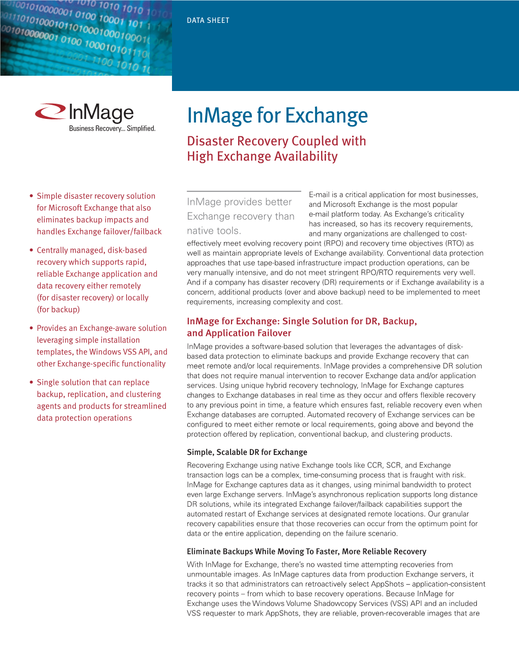 Inmage for Exchange Disaster Recovery Coupled with High Exchange Availability