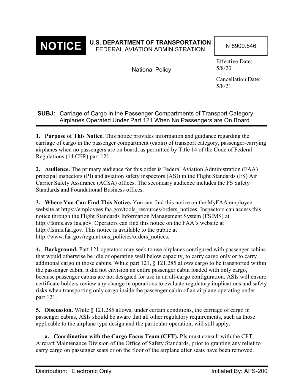 Carriage of Cargo in the Passenger Compartments of Transport Category Airplanes Operated Under Part 121 When No Passengers Are on Board