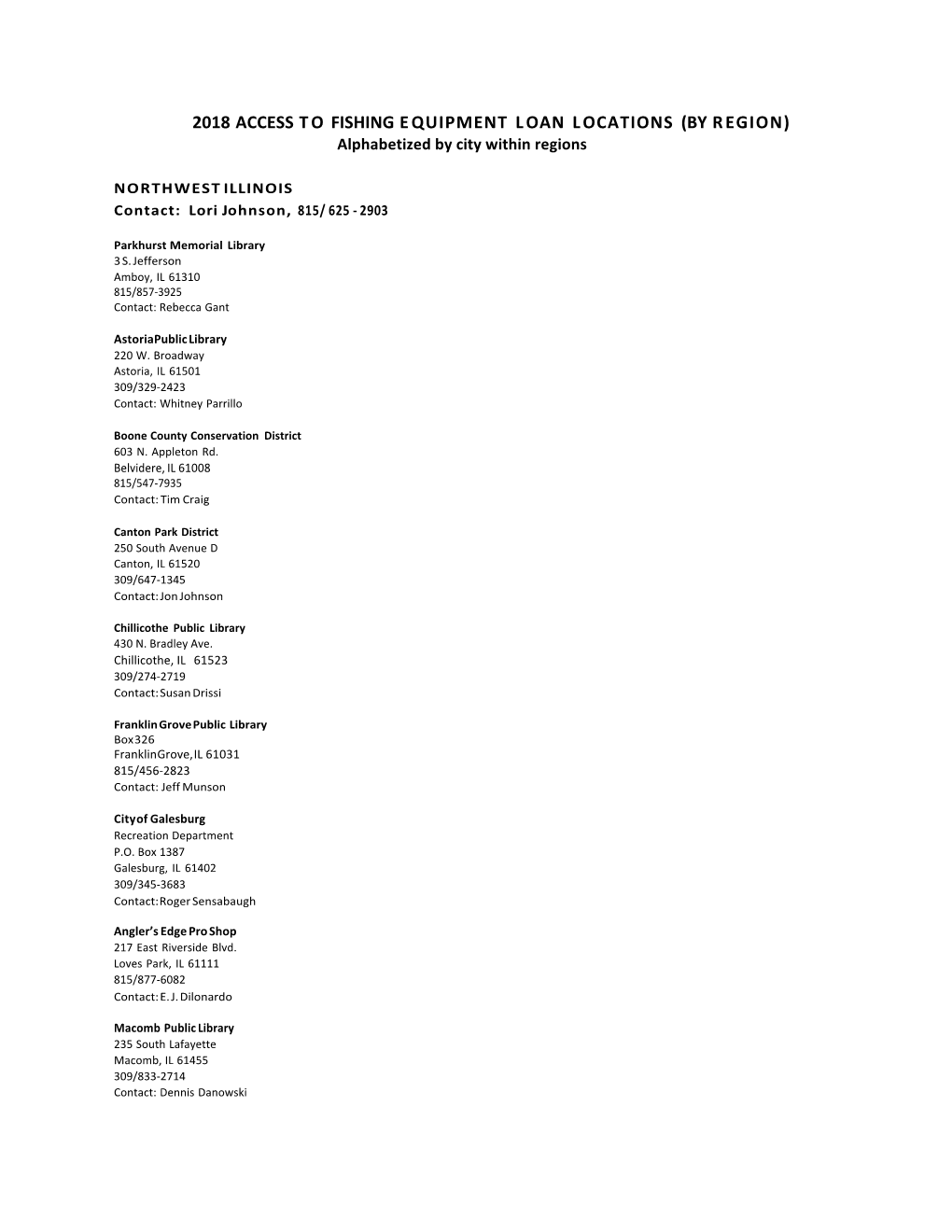 2018 ACCESS T O FISHING E QUIPMENT L OAN L OCATIONS (BY R EGION) Alphabetized by City Within Regions