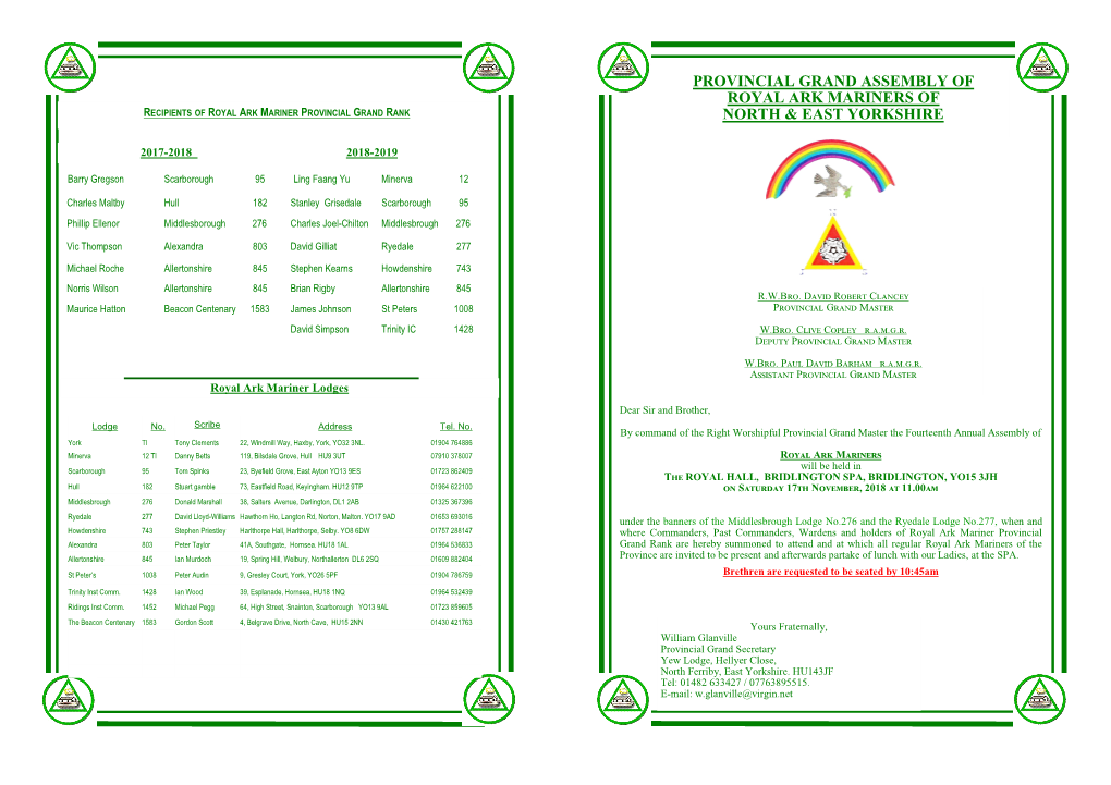 Provincial Grand Assembly of Royal Ark Mariners of Recipients of Royal Ark Mariner Provincial Grand Rank North & East Yorkshire