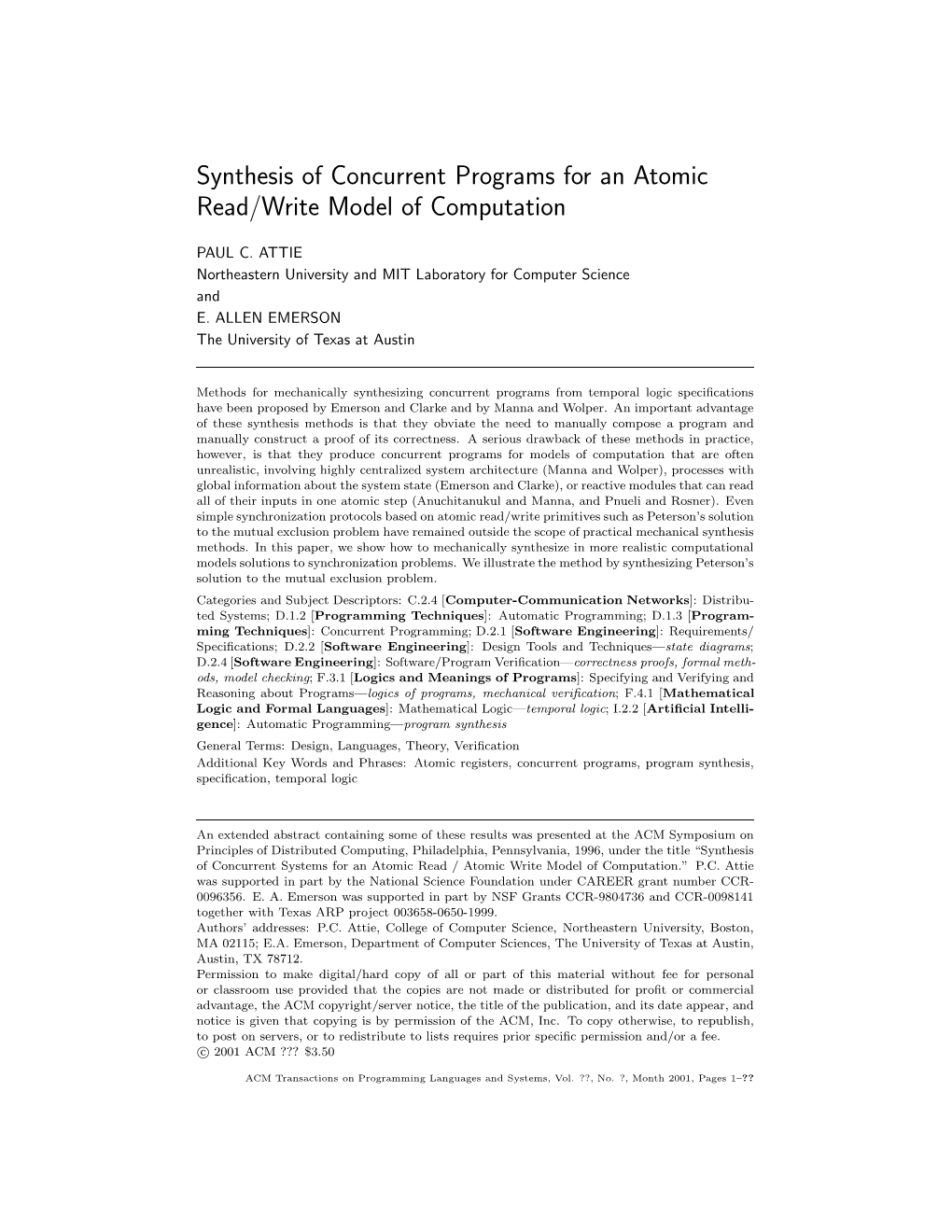 Synthesis of Concurrent Programs for an Atomic Read/Write Model of Computation