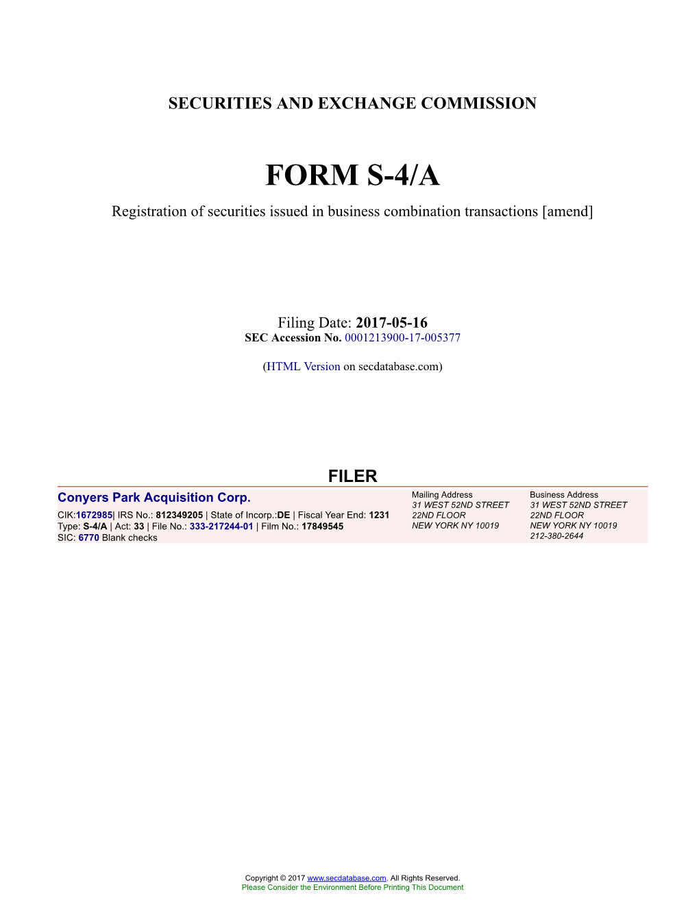 Conyers Park Acquisition Corp. Form S-4/A Filed 2017-05-16