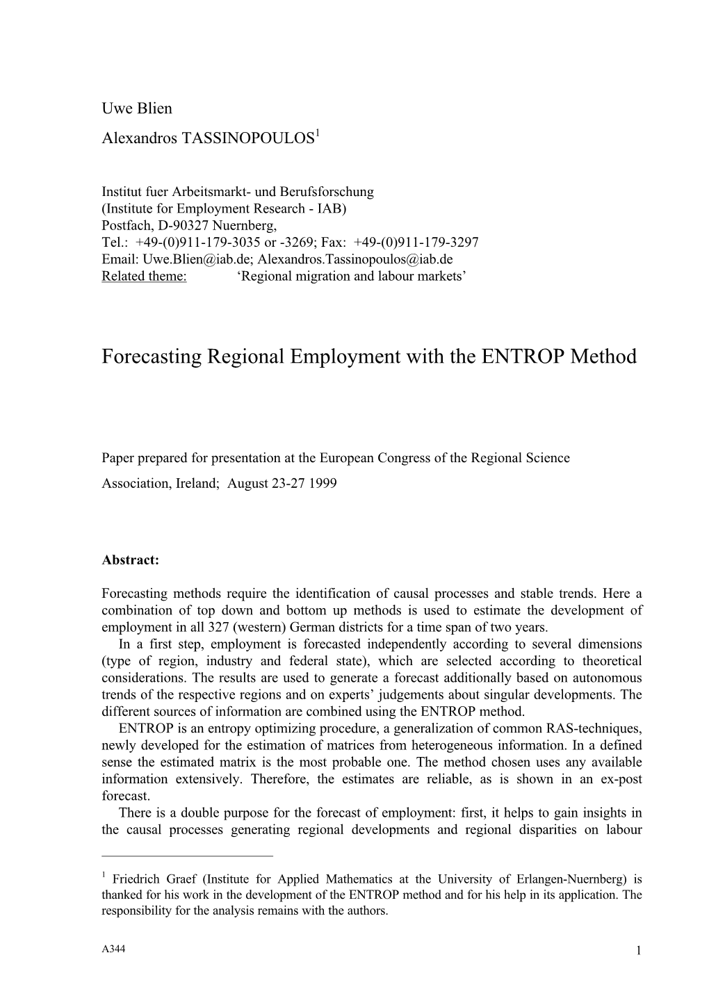 Forecasting Regional Employment with the ENTROP Method