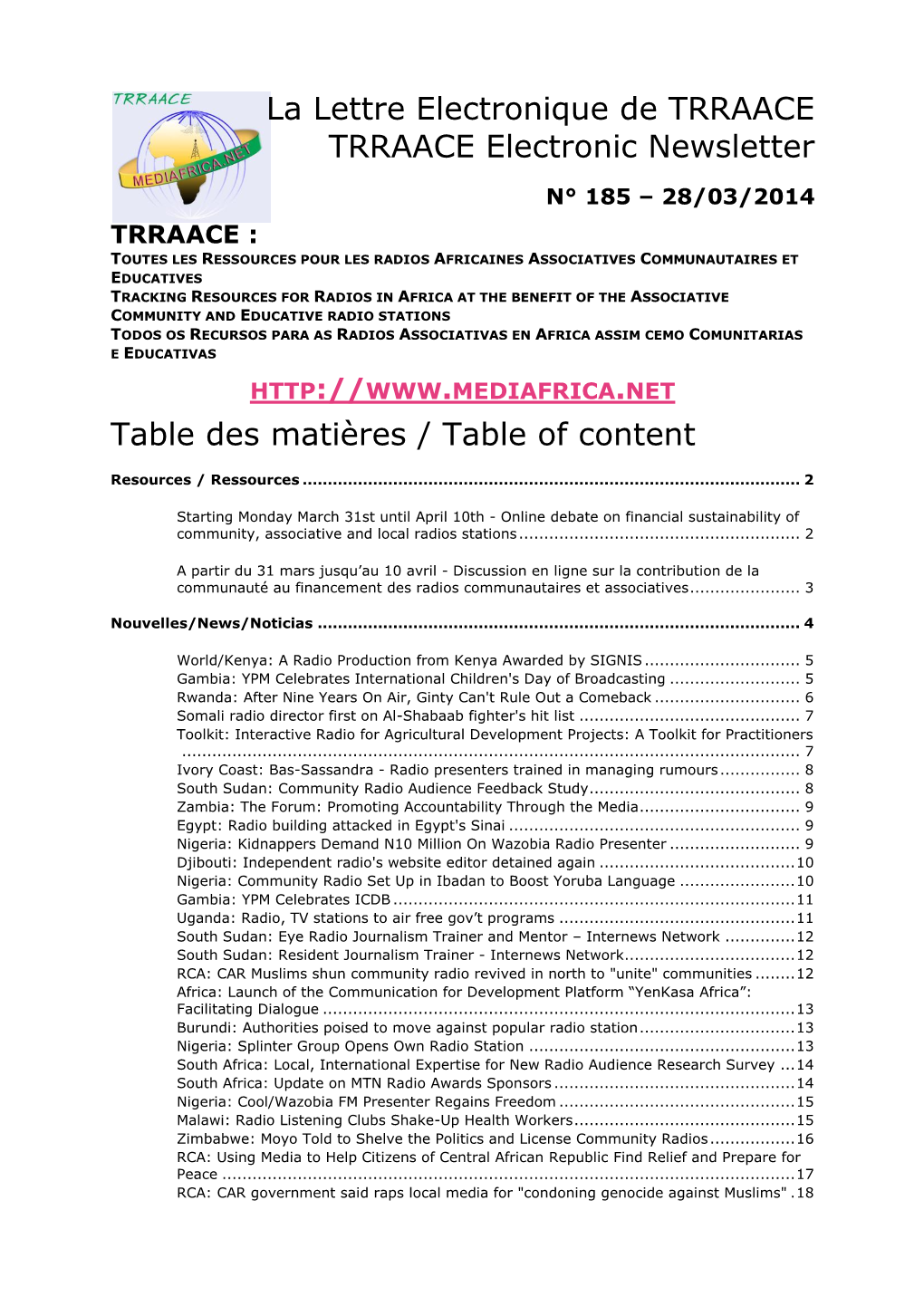 TRRAACE TRRAACE Electronic Newsletter