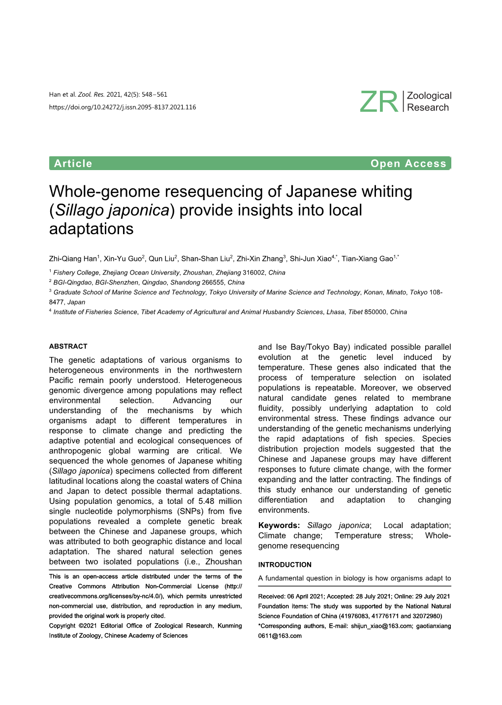 Whole-Genome Resequencing of Japanese Whiting (Sillago Japonica) Provide Insights Into Local Adaptations