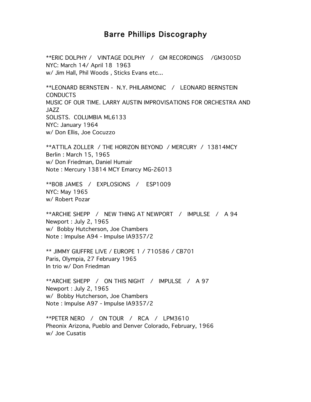 Barre Phillips Discography