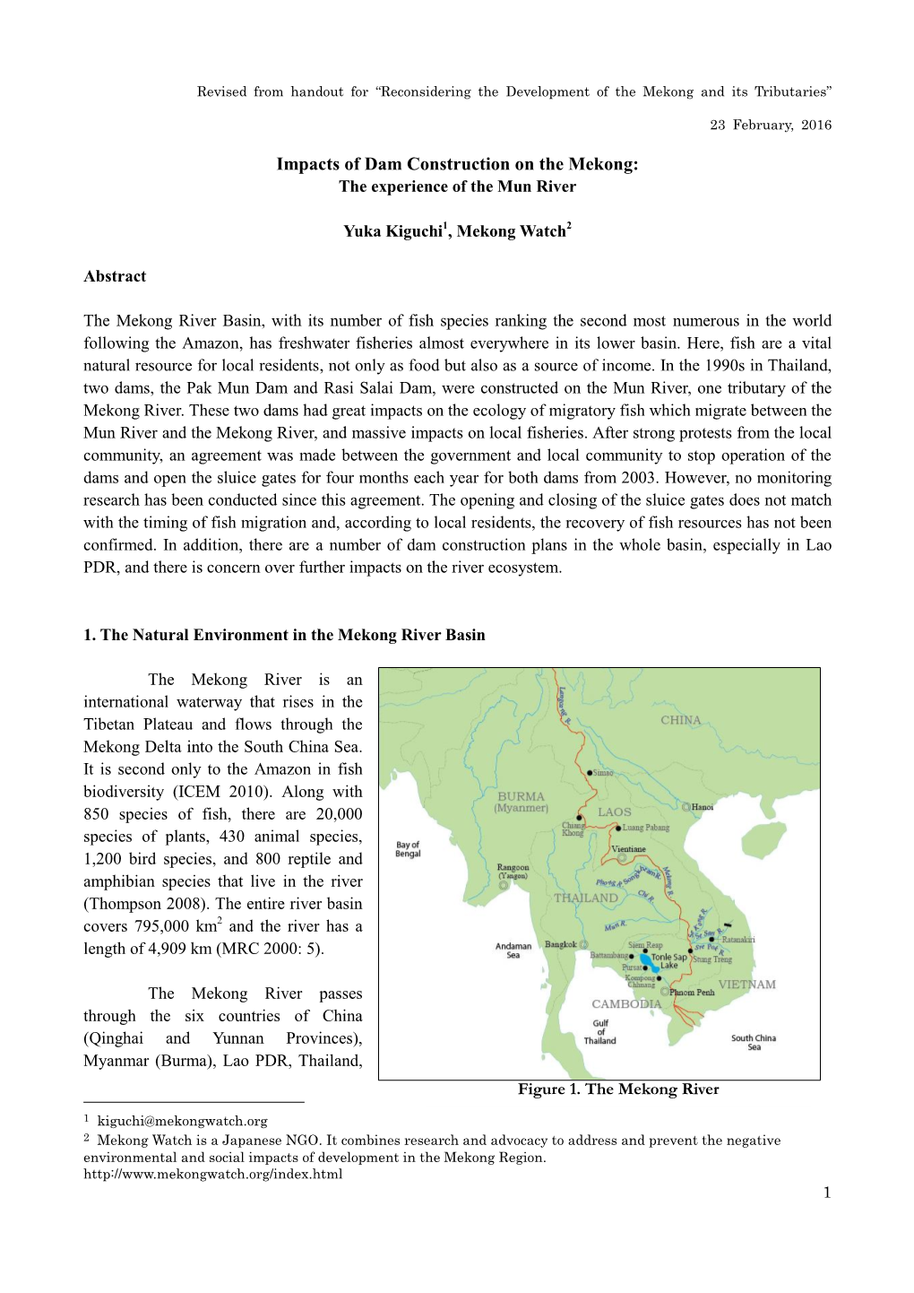 Impacts of Dam Construction on the Mekong: the Experience of the Mun River