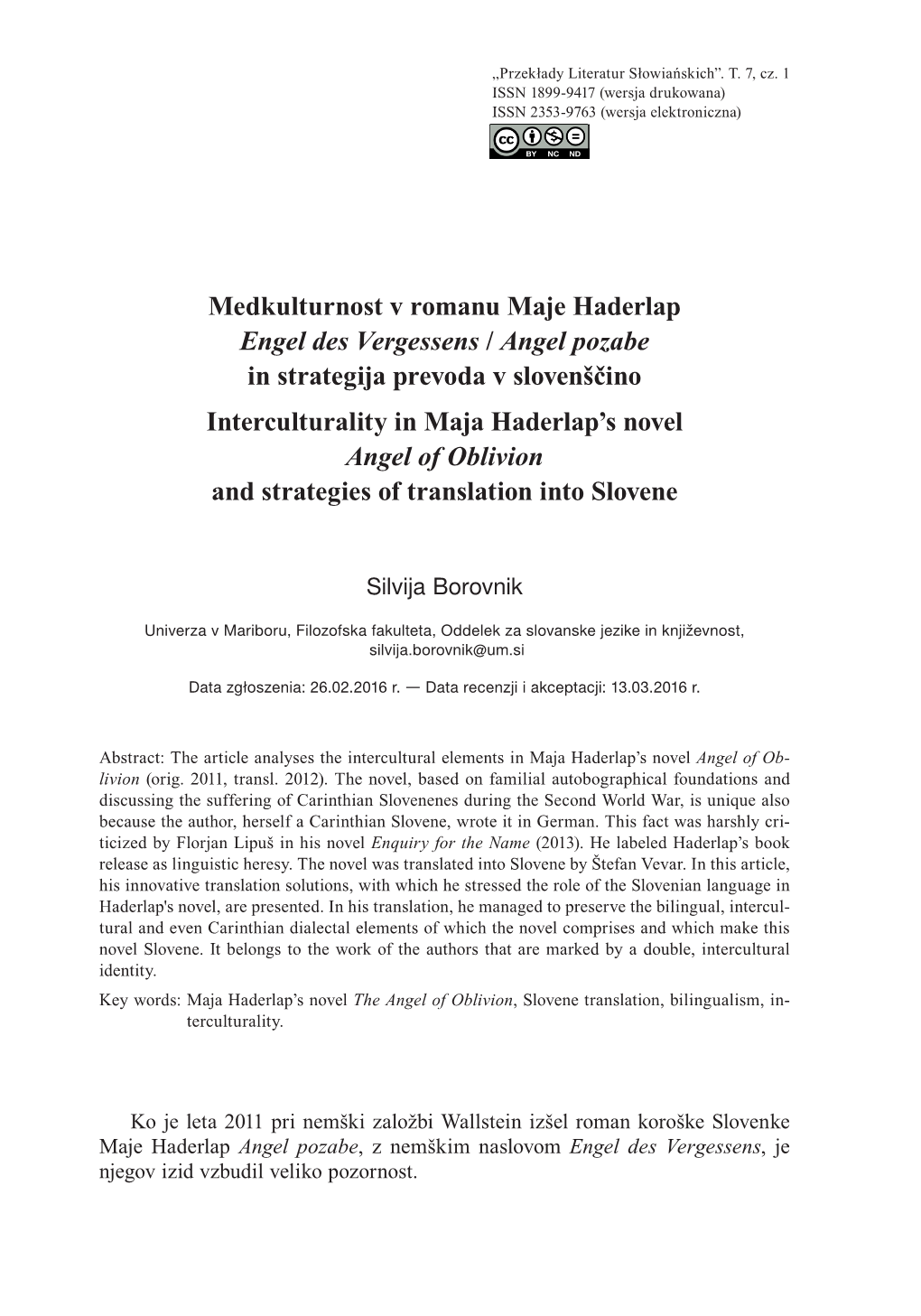 Medkulturnost V Romanu Maje Haderlap Engel Des Vergessens / Angel Pozabe in Strategija Prevoda V Slovenščino Interculturality