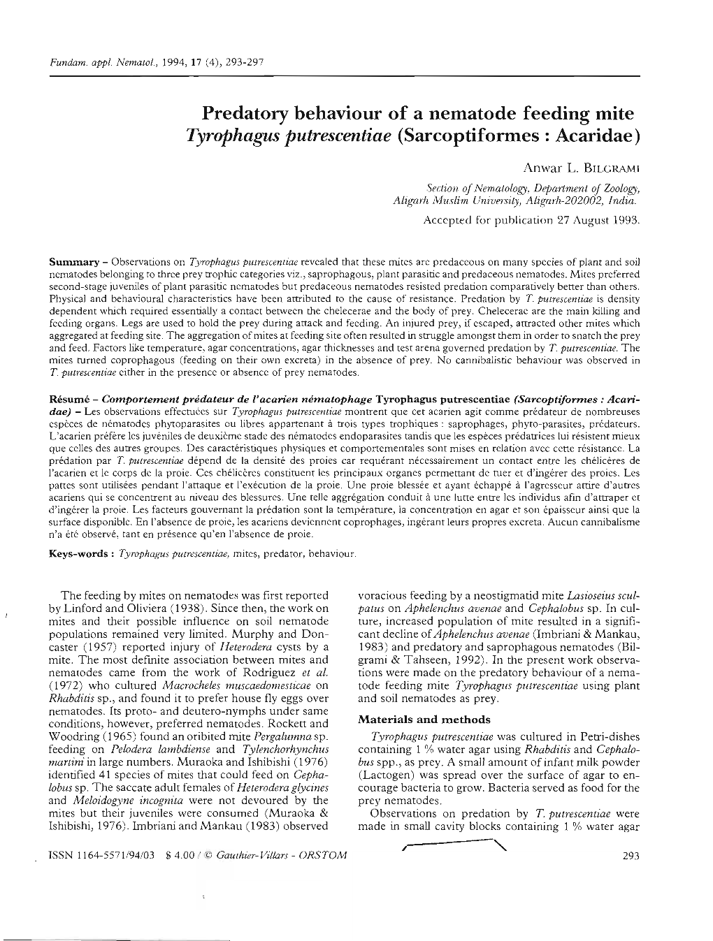 Predatory Behaviour of a Nematode Feeding Mite Tyrophagus Putrescentiae (Sarcoptiformes : Acaridae)
