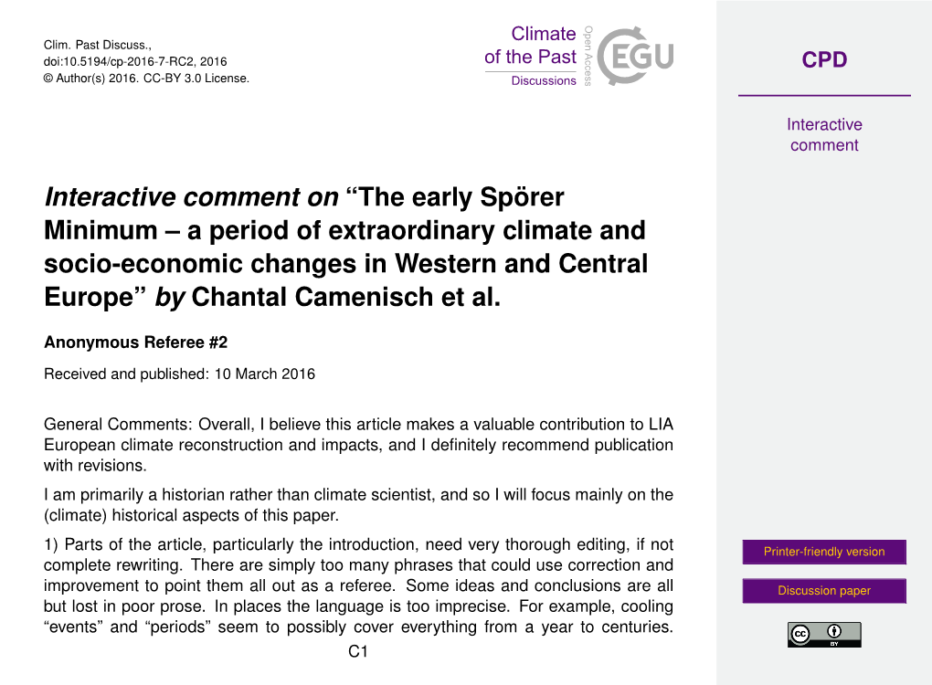 Interactive Comment on “The Early Spörer Minimum – a Period of Extraordinary Climate and Socio-Economic Changes in Western