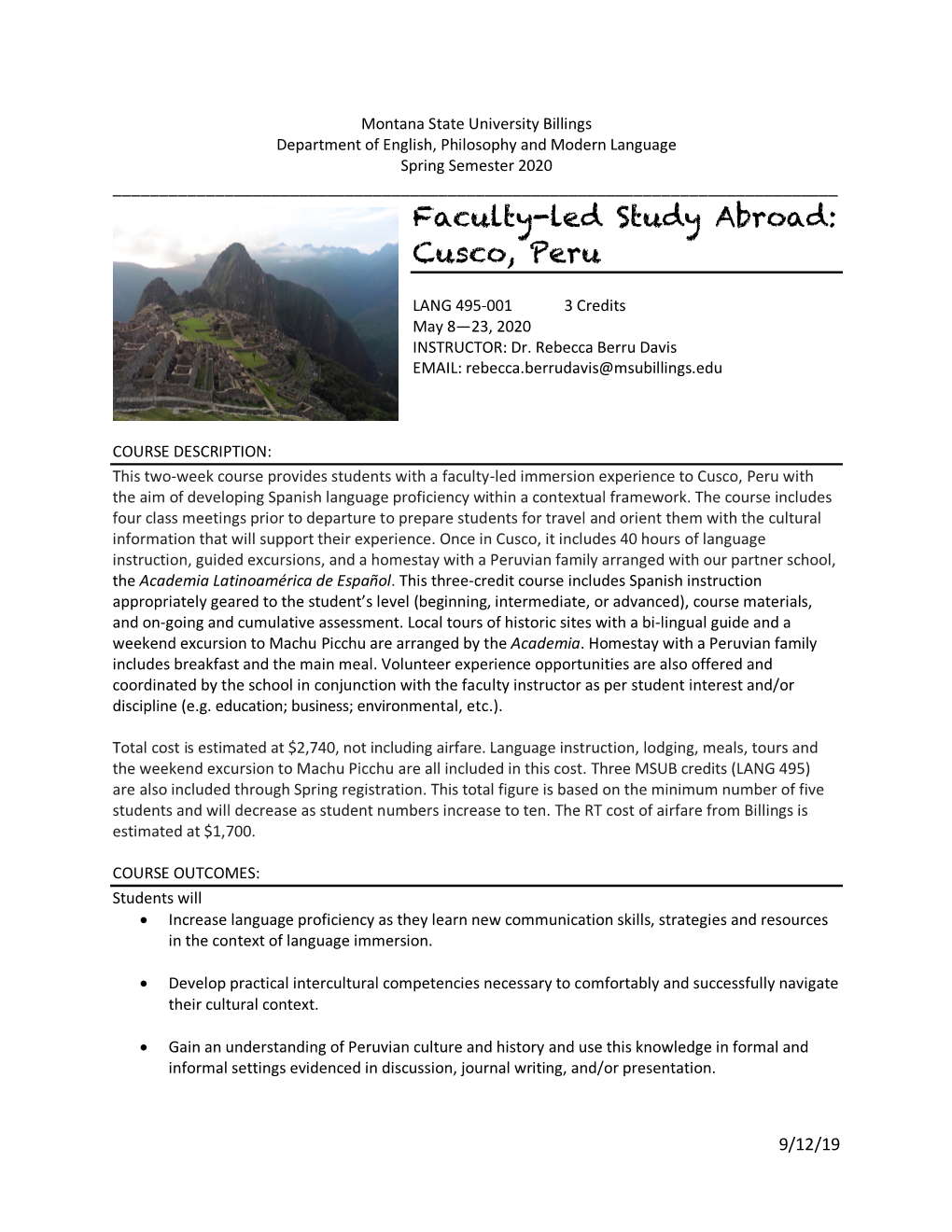Faculty-Led Study Abroad: Cusco, Peru