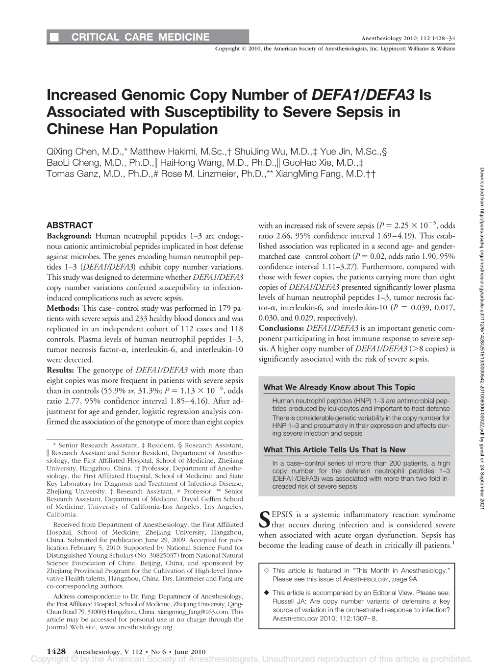 Increased Genomic Copy Number of DEFA1/DEFA3 Is Associated with Susceptibility to Severe Sepsis in Chinese Han Population