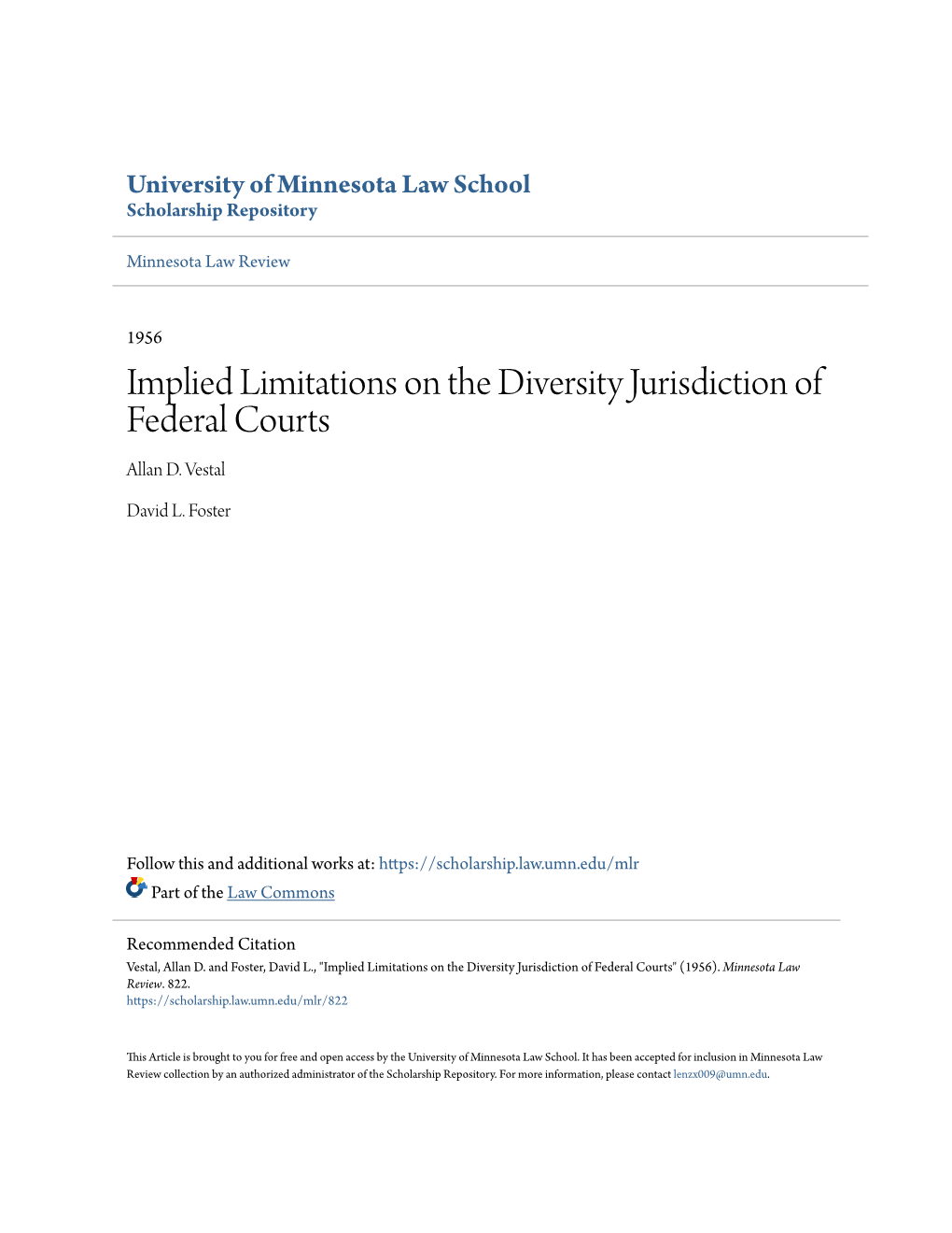 Implied Limitations on the Diversity Jurisdiction of Federal Courts Allan D