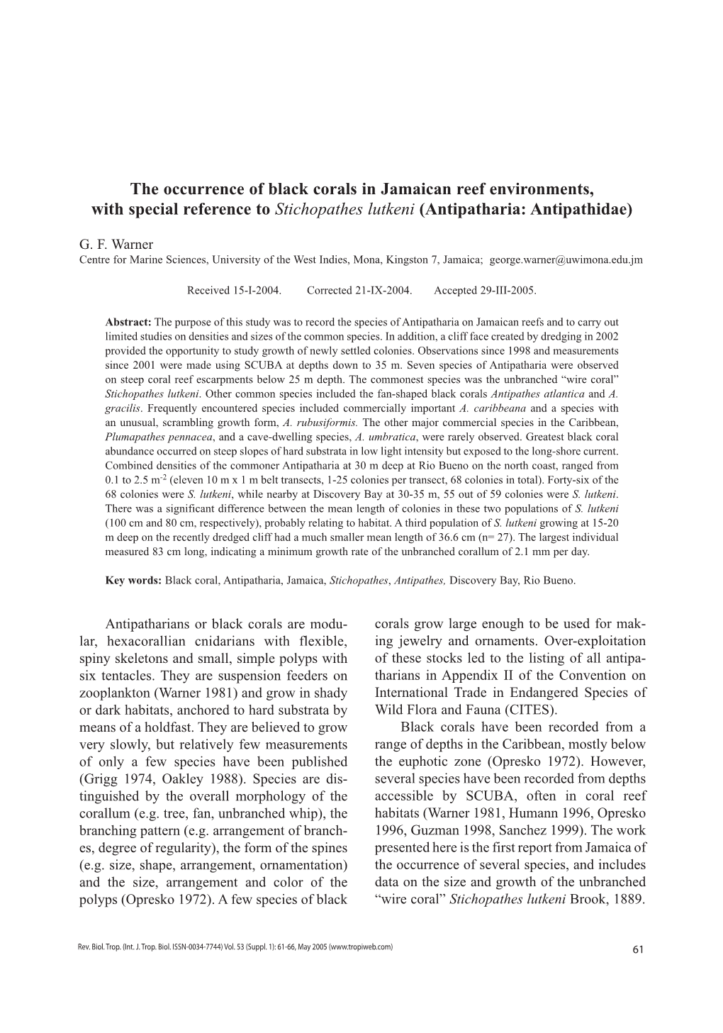 The Occurrence of Black Corals in Jamaican Reef Environments, with Special Reference to Stichopathes Lutkeni (Antipatharia: Antipathidae)