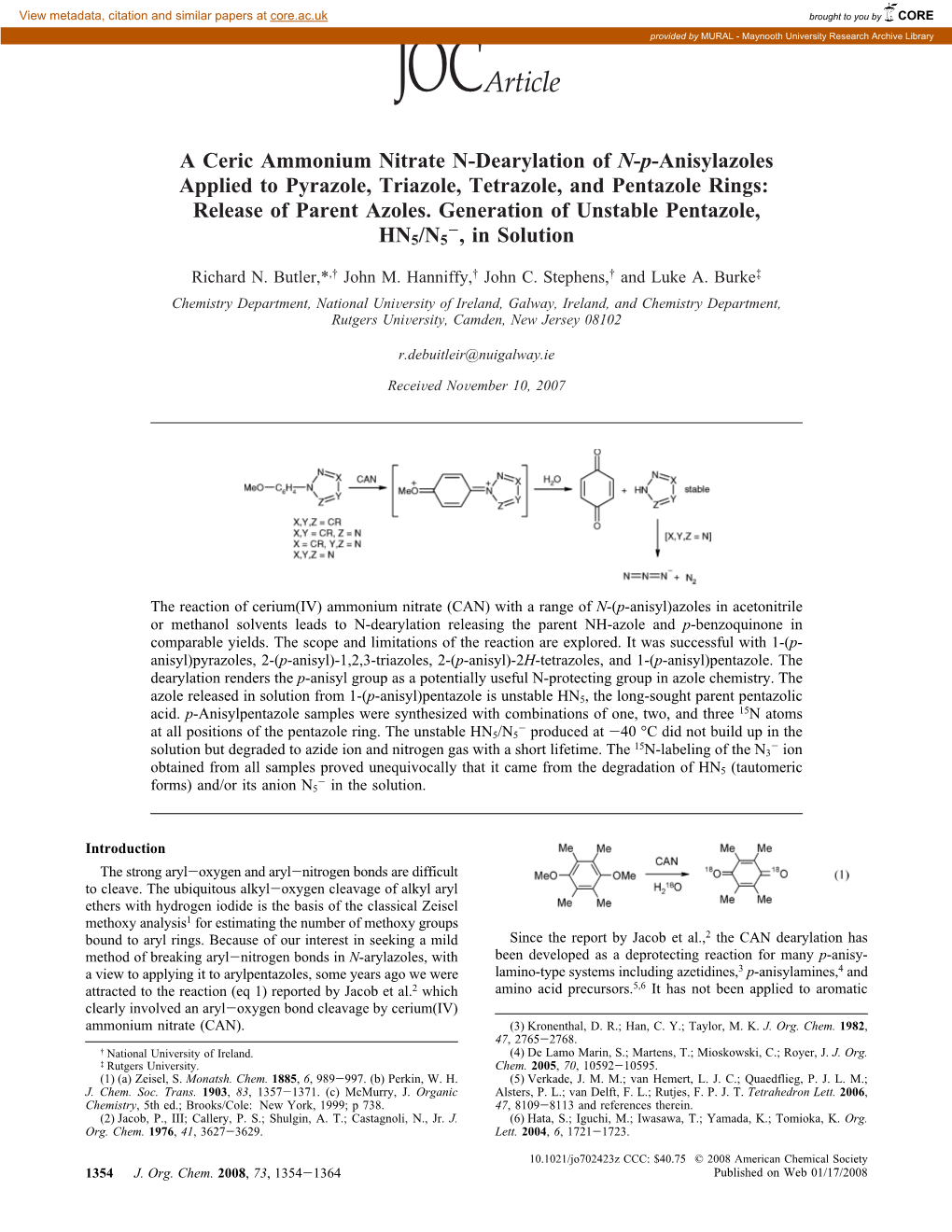 A Ceric Ammonium Nitrate N-Dearylation of N-P-Anisylazoles Applied to Pyrazole, Triazole, Tetrazole, and Pentazole Rings: Release of Parent Azoles