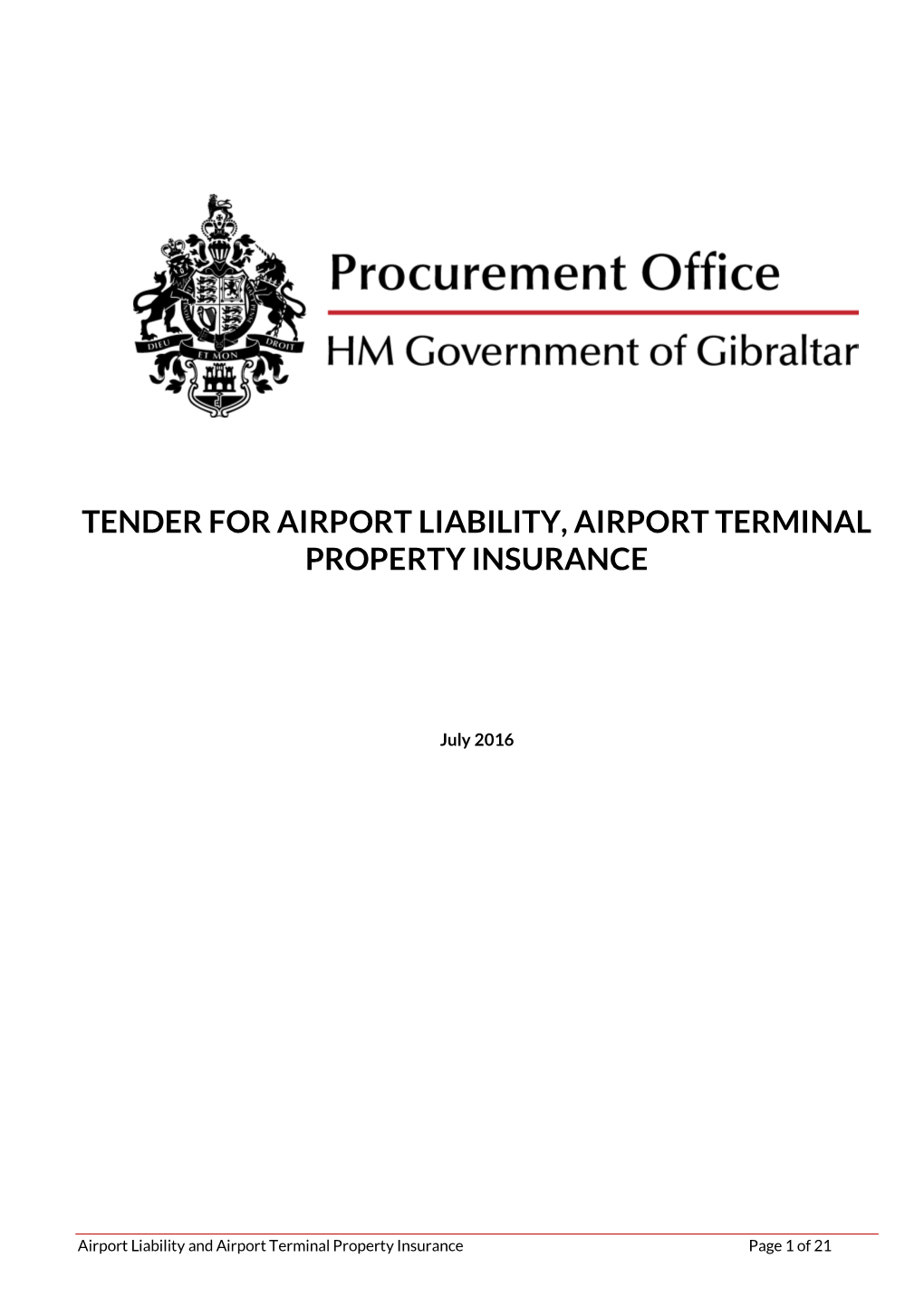 Tender for Airport Liability, Airport Terminal Property Insurance