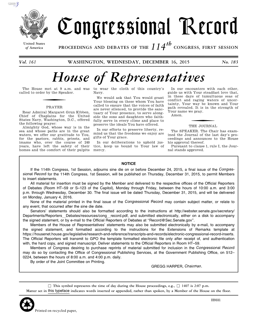 Congressional Record United States Th of America PROCEEDINGS and DEBATES of the 114 CONGRESS, FIRST SESSION