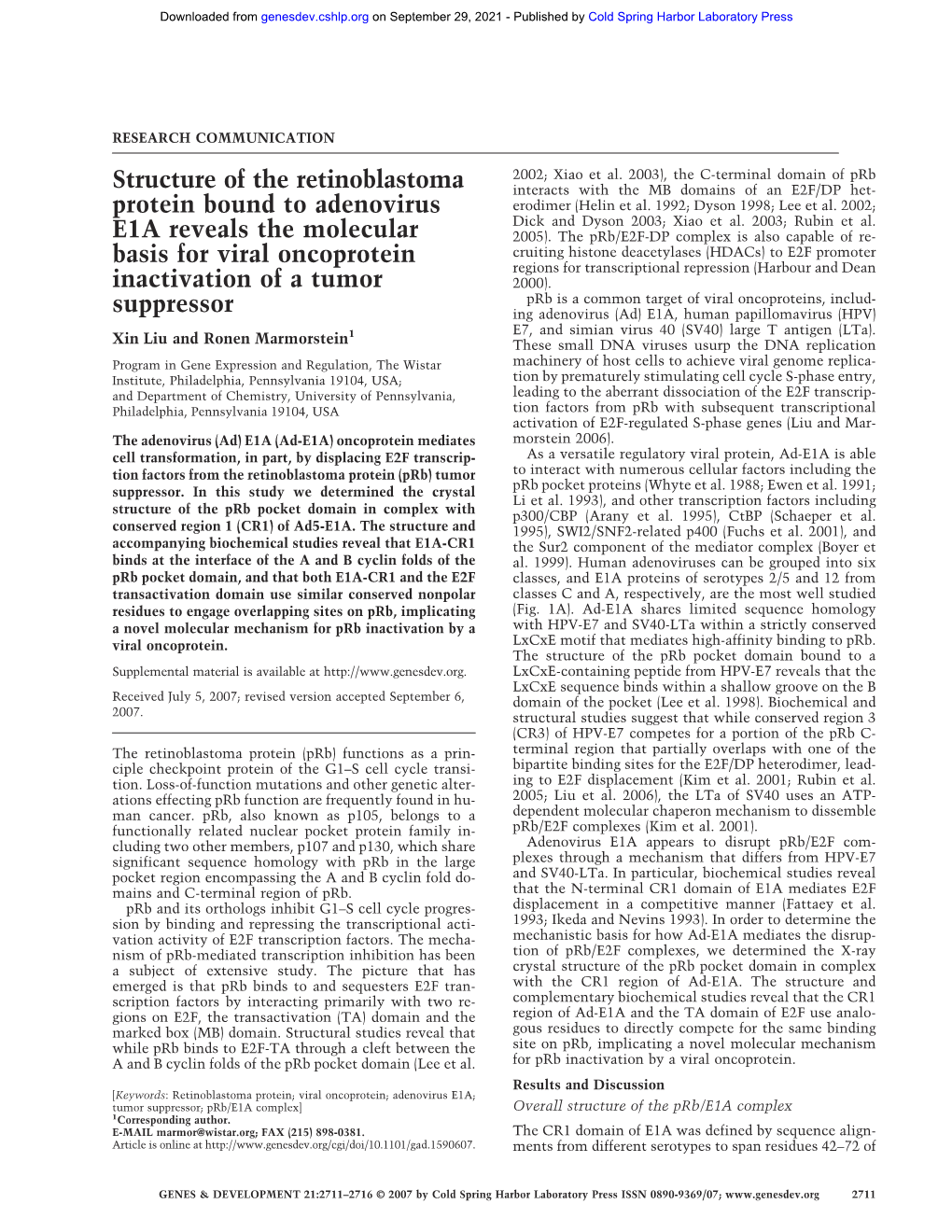 Structure of the Retinoblastoma Protein Bound to Adenovirus E1A Reveals the Molecular Basis for Viral Oncoprotein Inactivation of a Tumor Suppressor