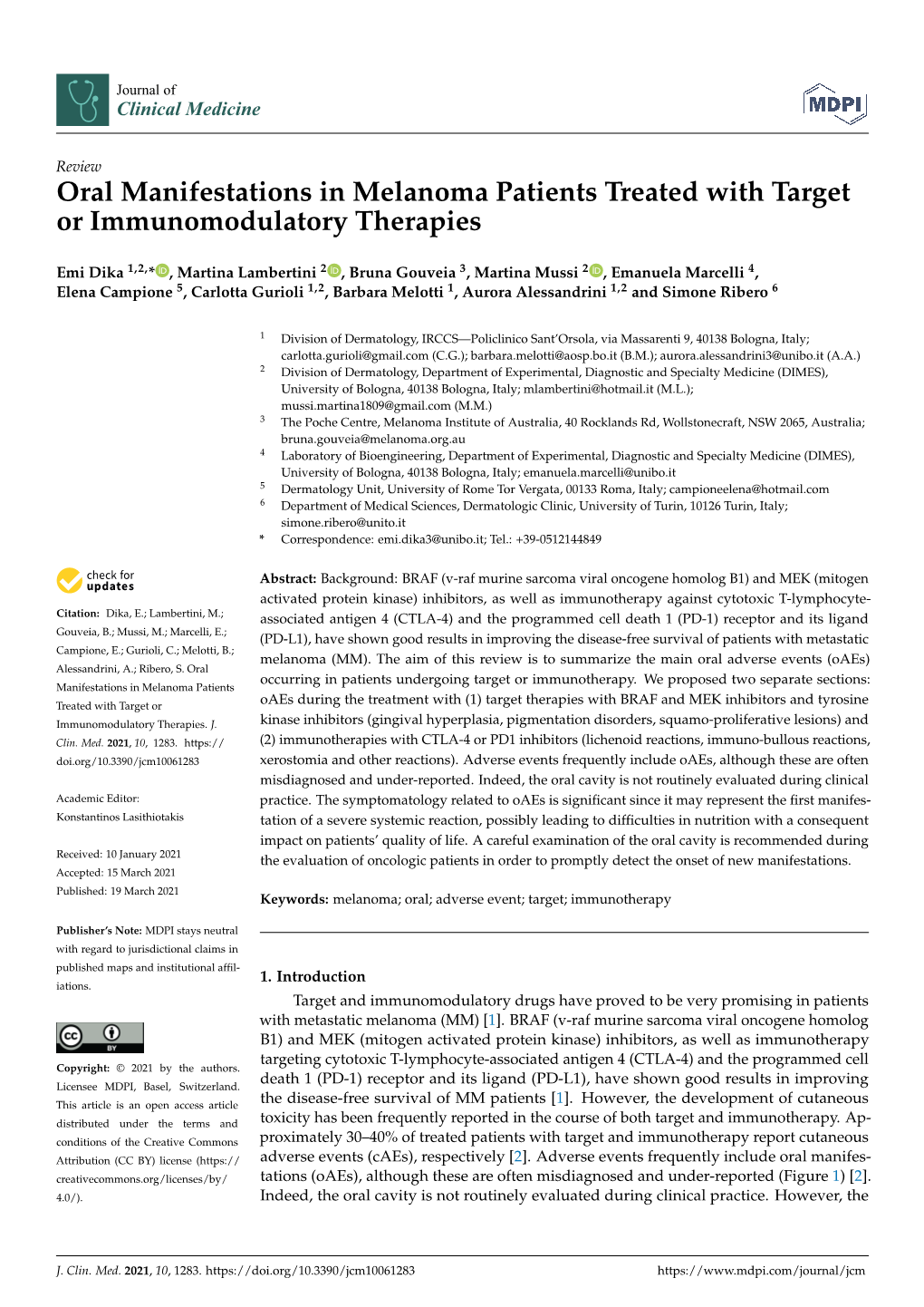 Oral Manifestations in Melanoma Patients Treated with Target Or Immunomodulatory Therapies