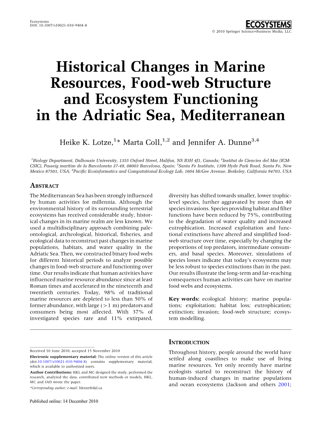 Historical Changes in Marine Resources, Food-Web Structure and Ecosystem Functioning in the Adriatic Sea, Mediterranean
