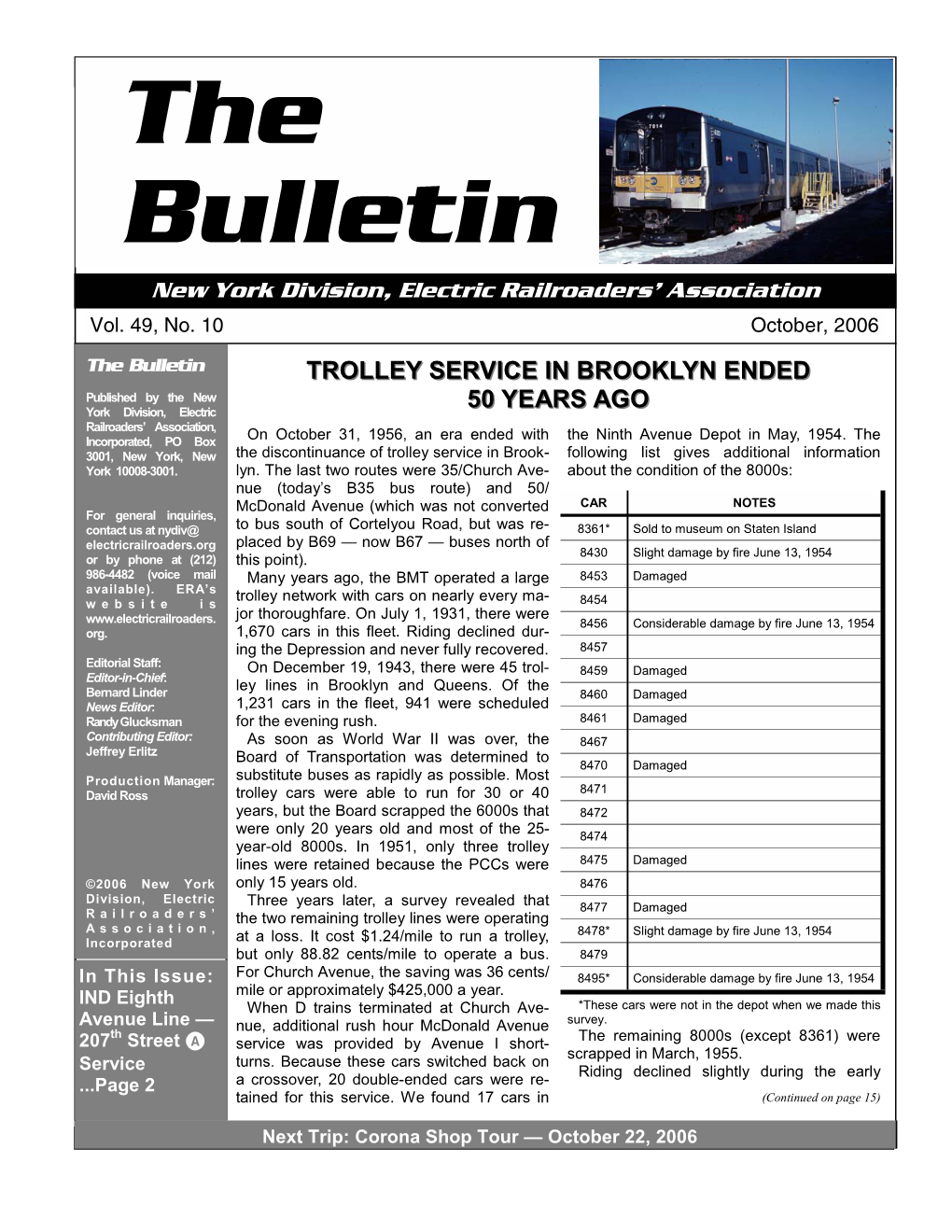 BULLETIN - OCTOBER, 2006 Bulletin New York Division, Electric Railroaders’ Association Vol