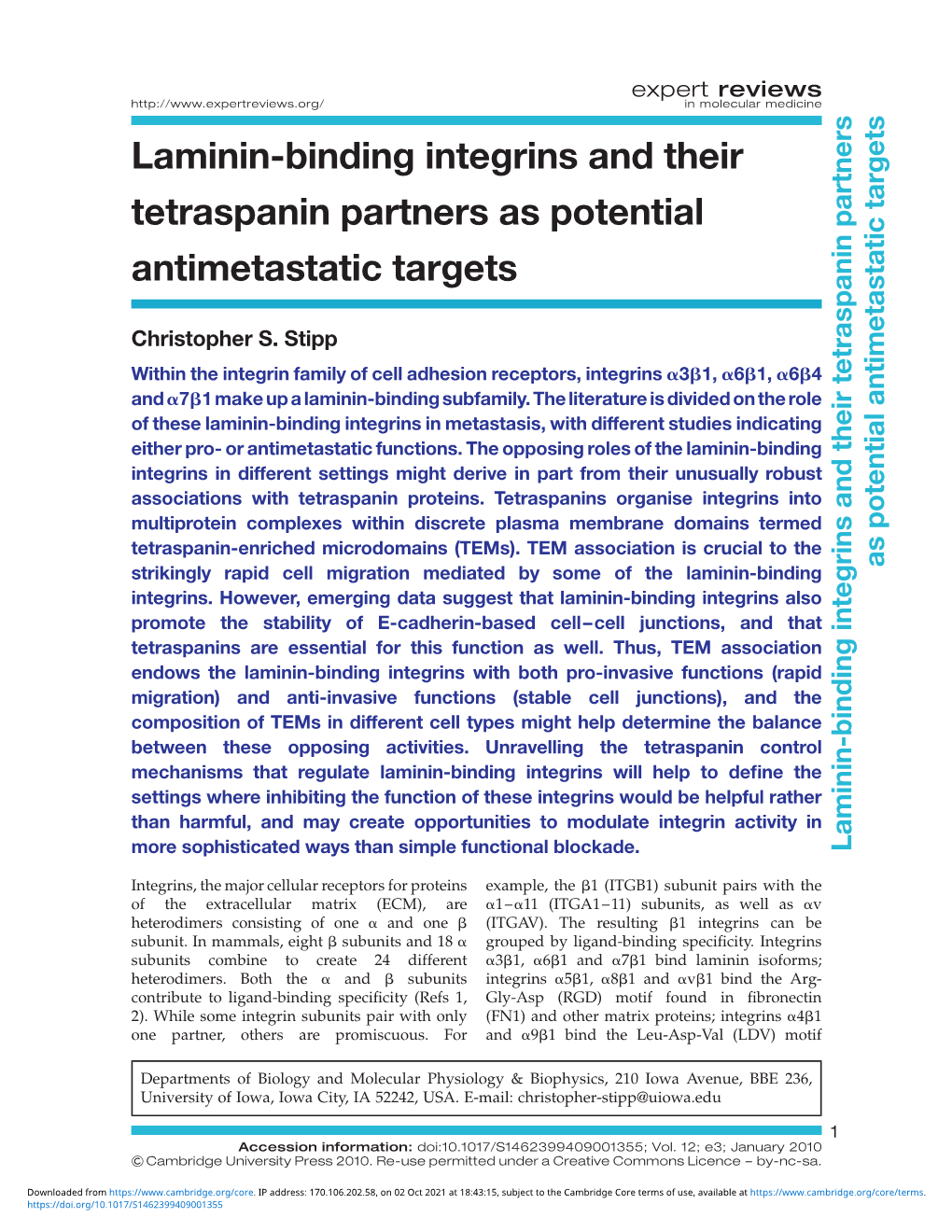 Laminin-Binding Integrins and Their Tetraspanin Partners As Potential Antimetastatic Targets