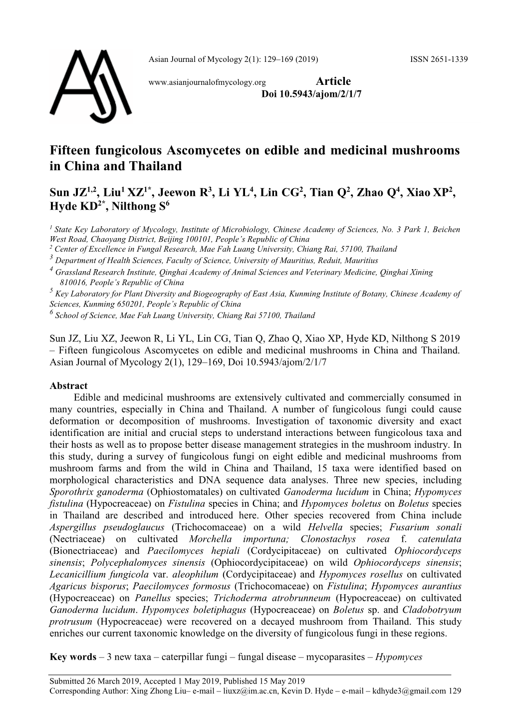 Fifteen Fungicolous Ascomycetes on Edible and Medicinal Mushrooms in China and Thailand