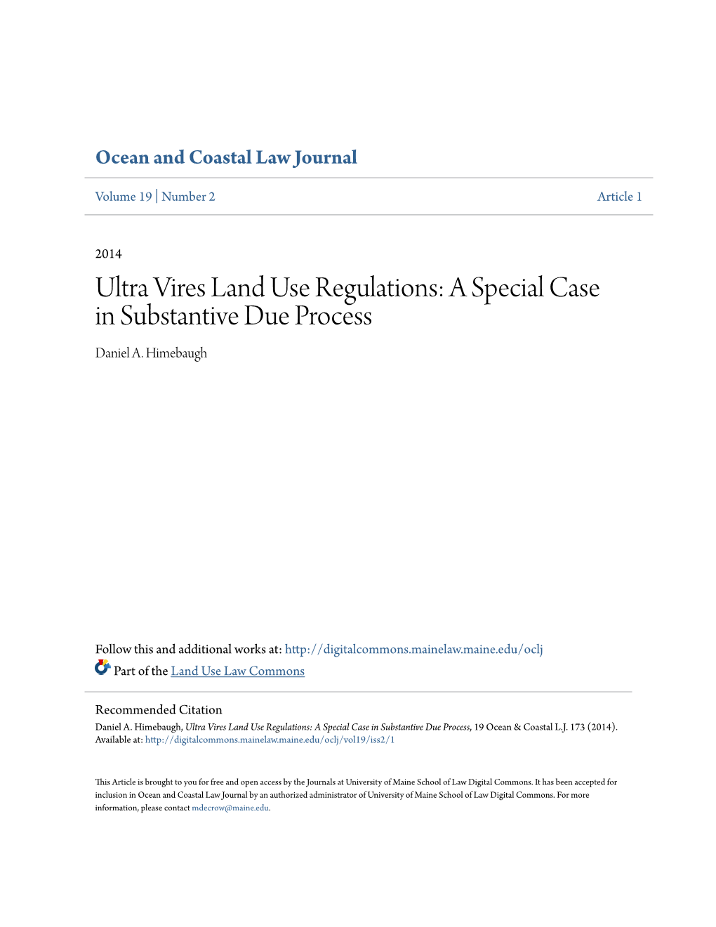 Ultra Vires Land Use Regulations: a Special Case in Substantive Due Process Daniel A