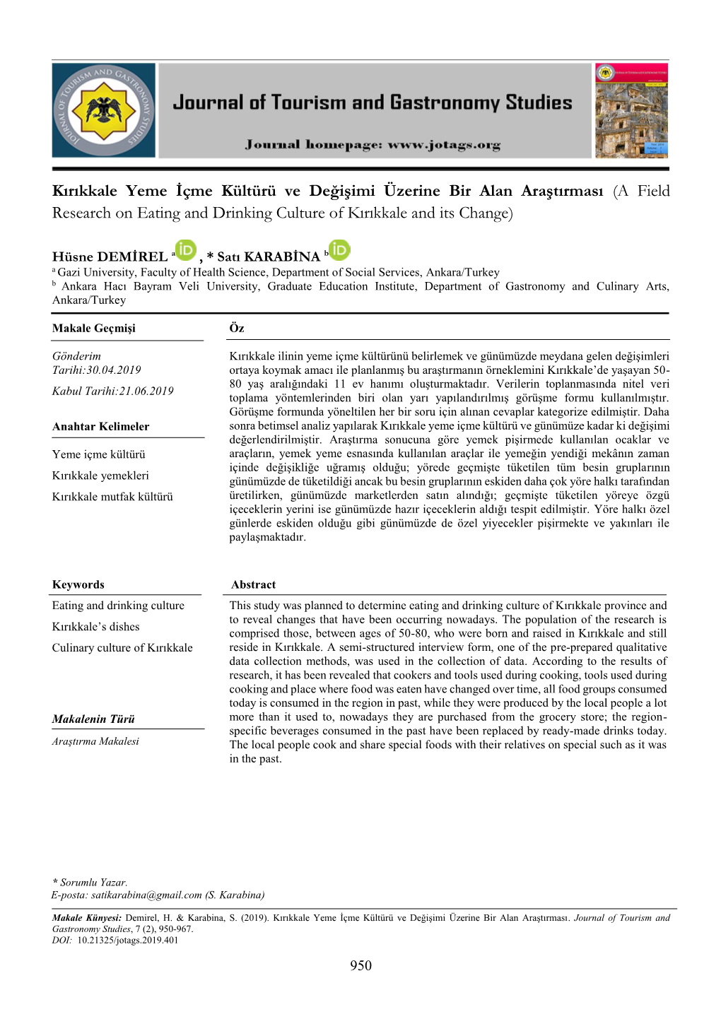 Kırıkkale Yeme İçme Kültürü Ve Değişimi Üzerine Bir Alan Araştırması (A Field Research on Eating and Drinking Culture of Kırıkkale and Its Change)