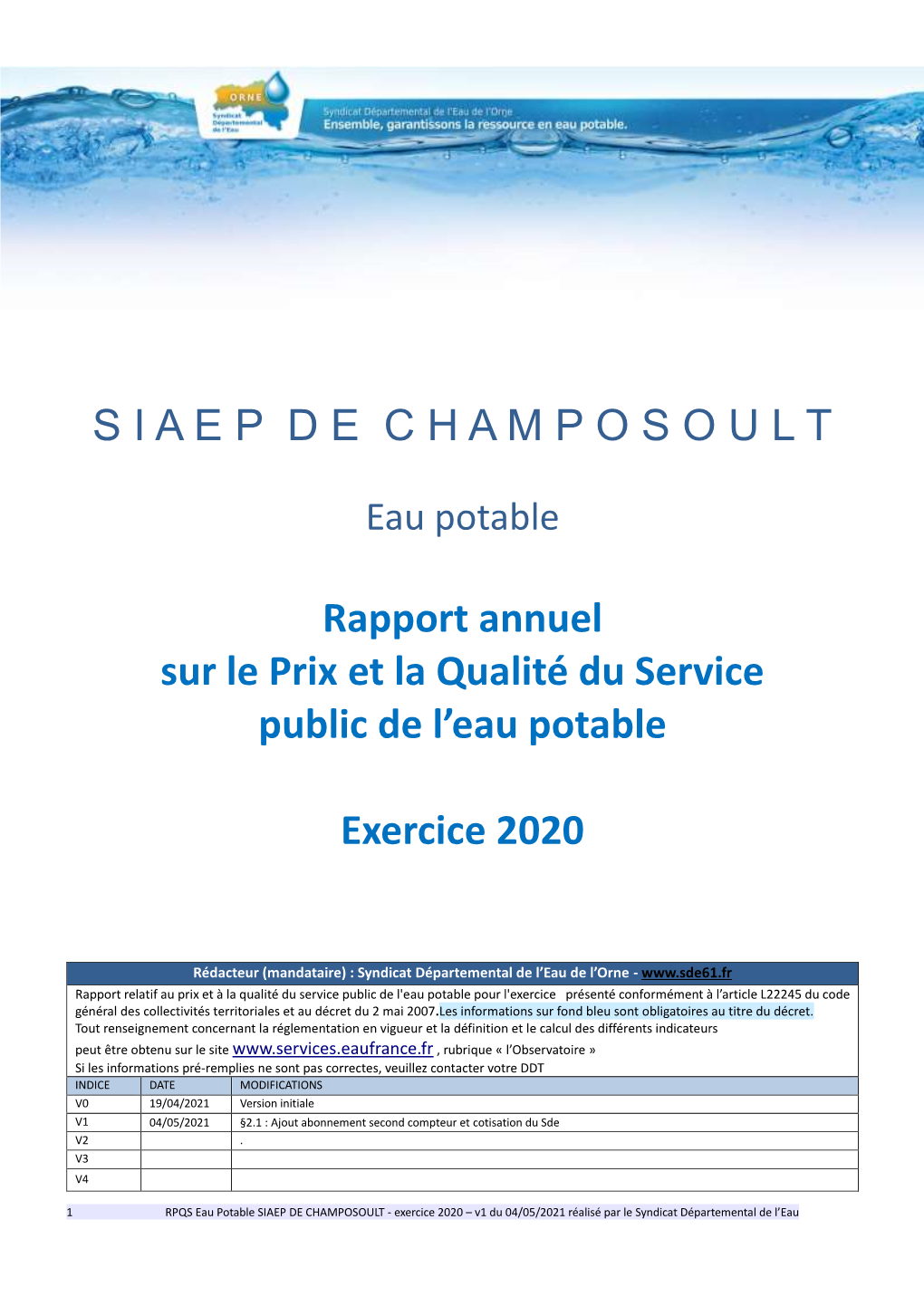 Rapport Annuel Sur Le Prix Et La Qualité Du Service Public D'eau Potable