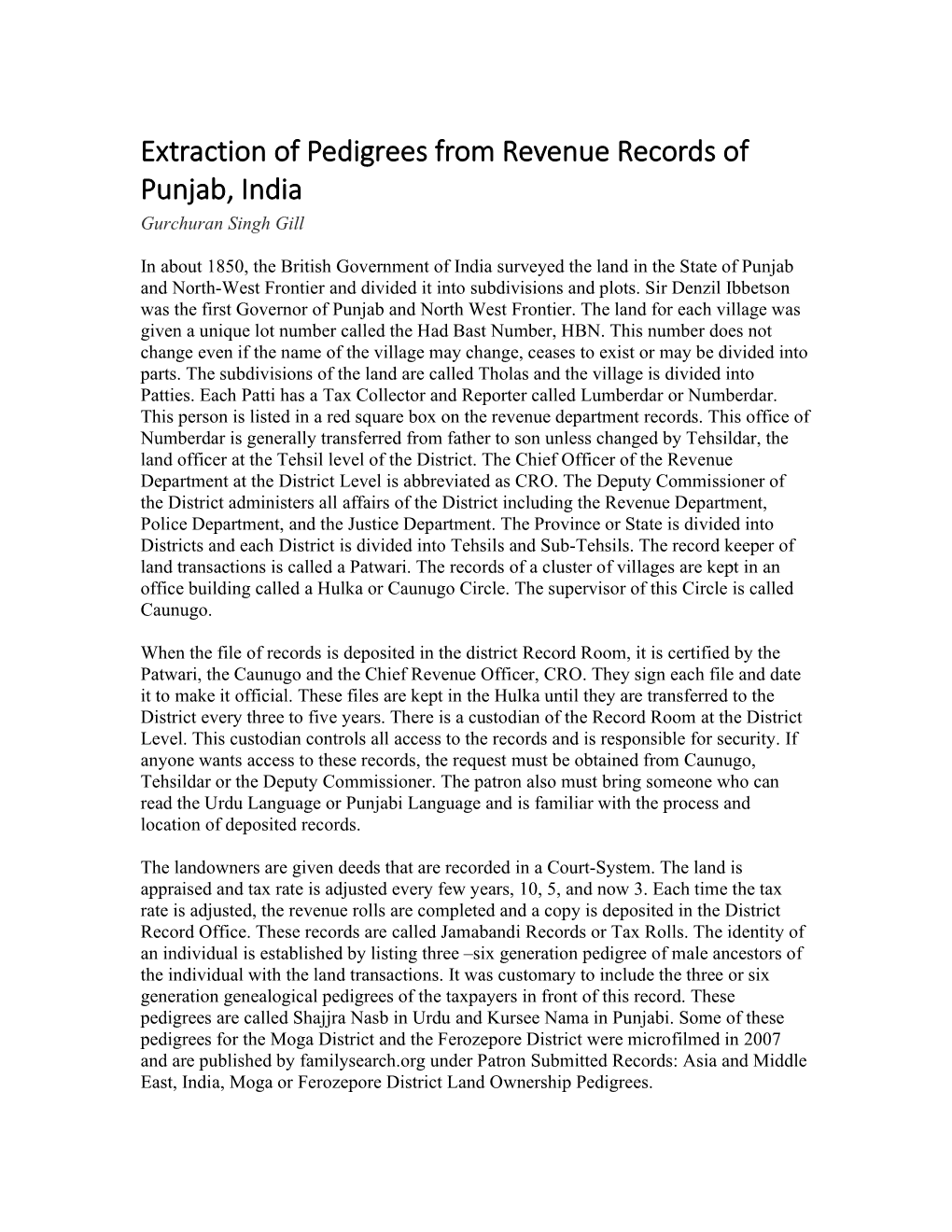 Extraction of Pedigrees from Revenue Records of Punjab, India Gurchuran Singh Gill