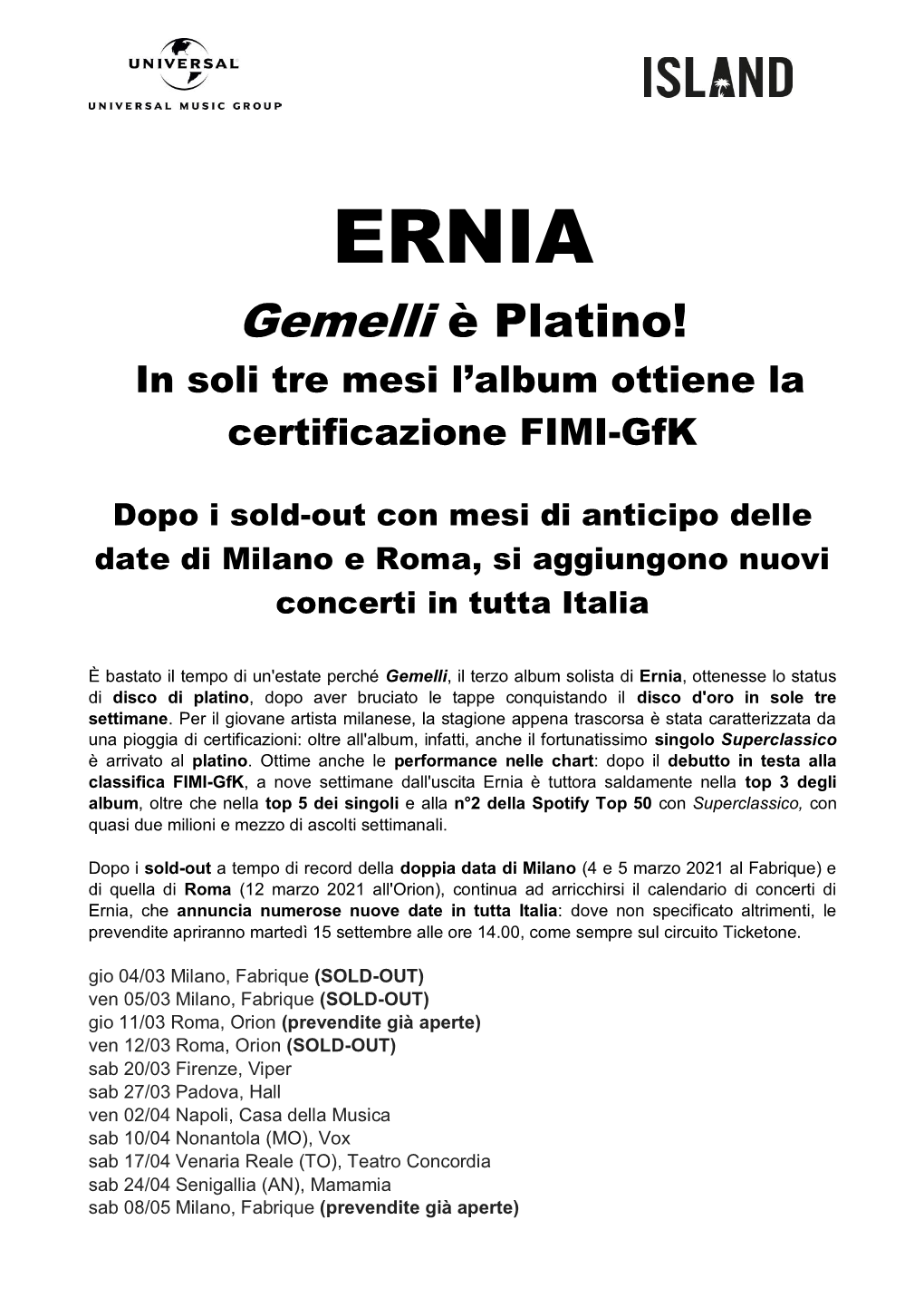 Gemelli È Platino! in Soli Tre Mesi L’Album Ottiene La Certificazione FIMI-Gfk