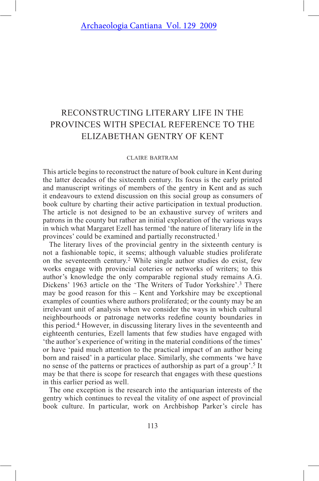 Reconstructing Literary Life in the Provinces with Special Reference to the Elizabethan Gentry of Kent