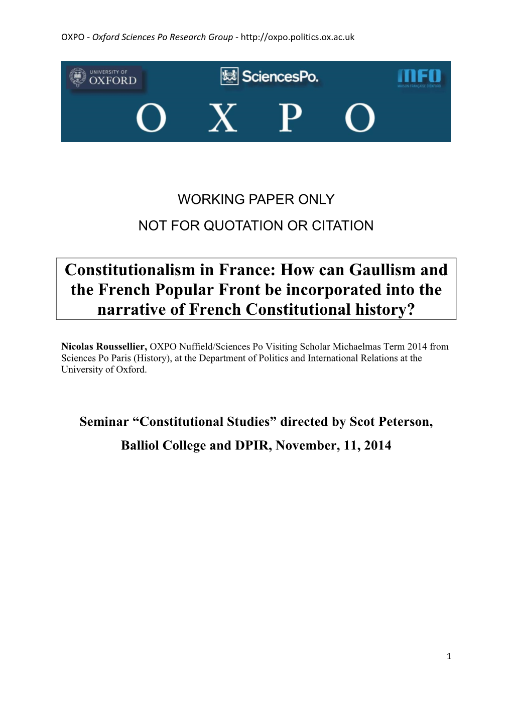 Constitutionalism in France: How Can Gaullism and the French Popular Front Be Incorporated Into the Narrative of French Constitutional History?