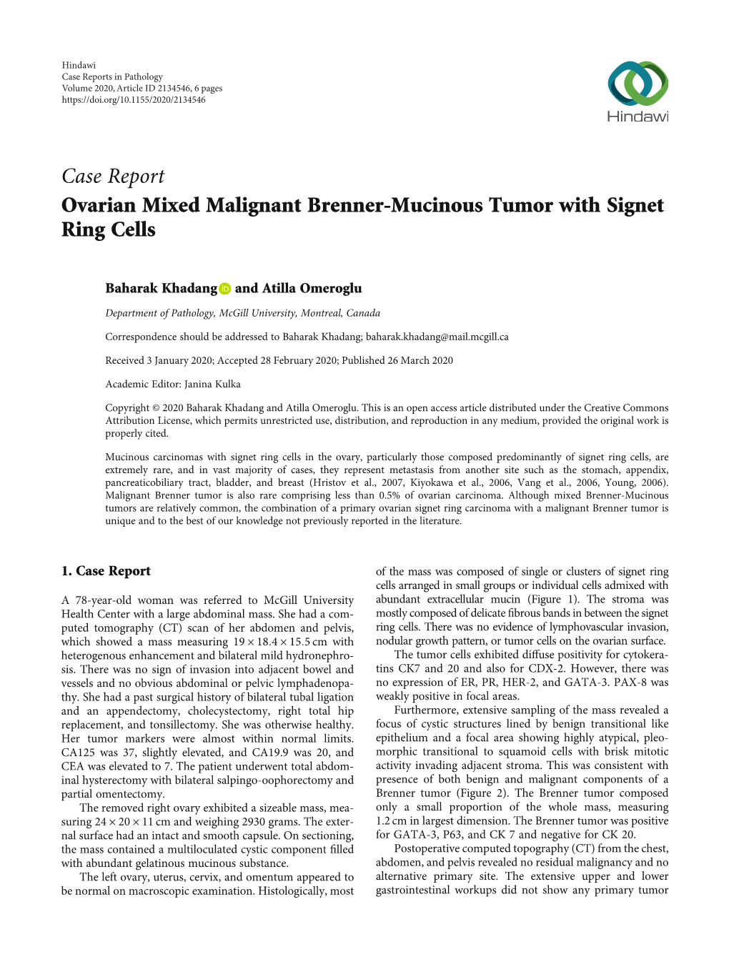 Ovarian Mixed Malignant Brenner-Mucinous Tumor with Signet Ring Cells