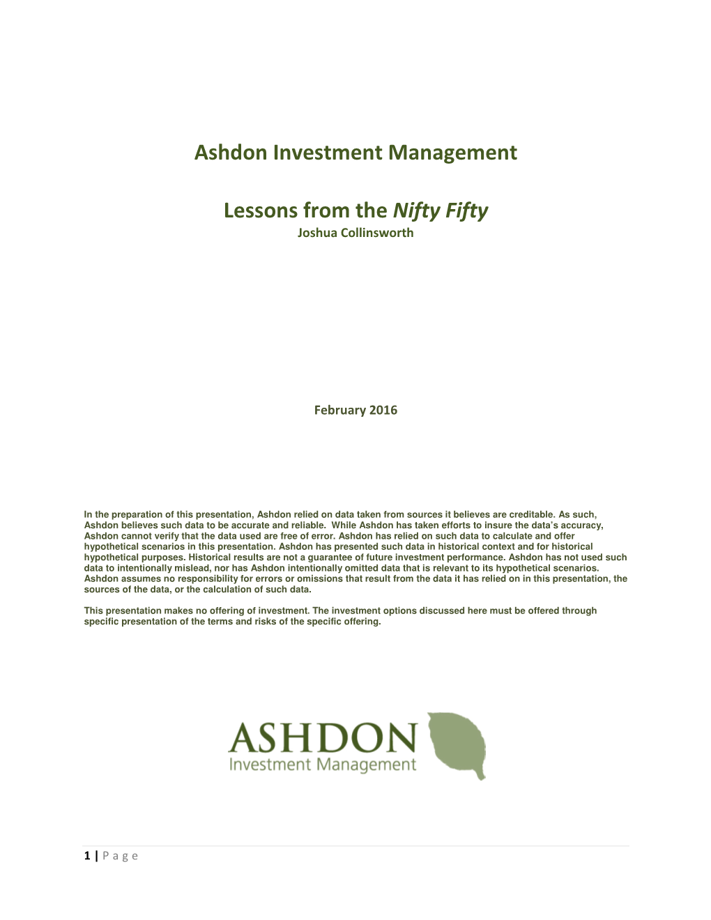 Ashdon Investment Management Lessons from the Nifty Fifty