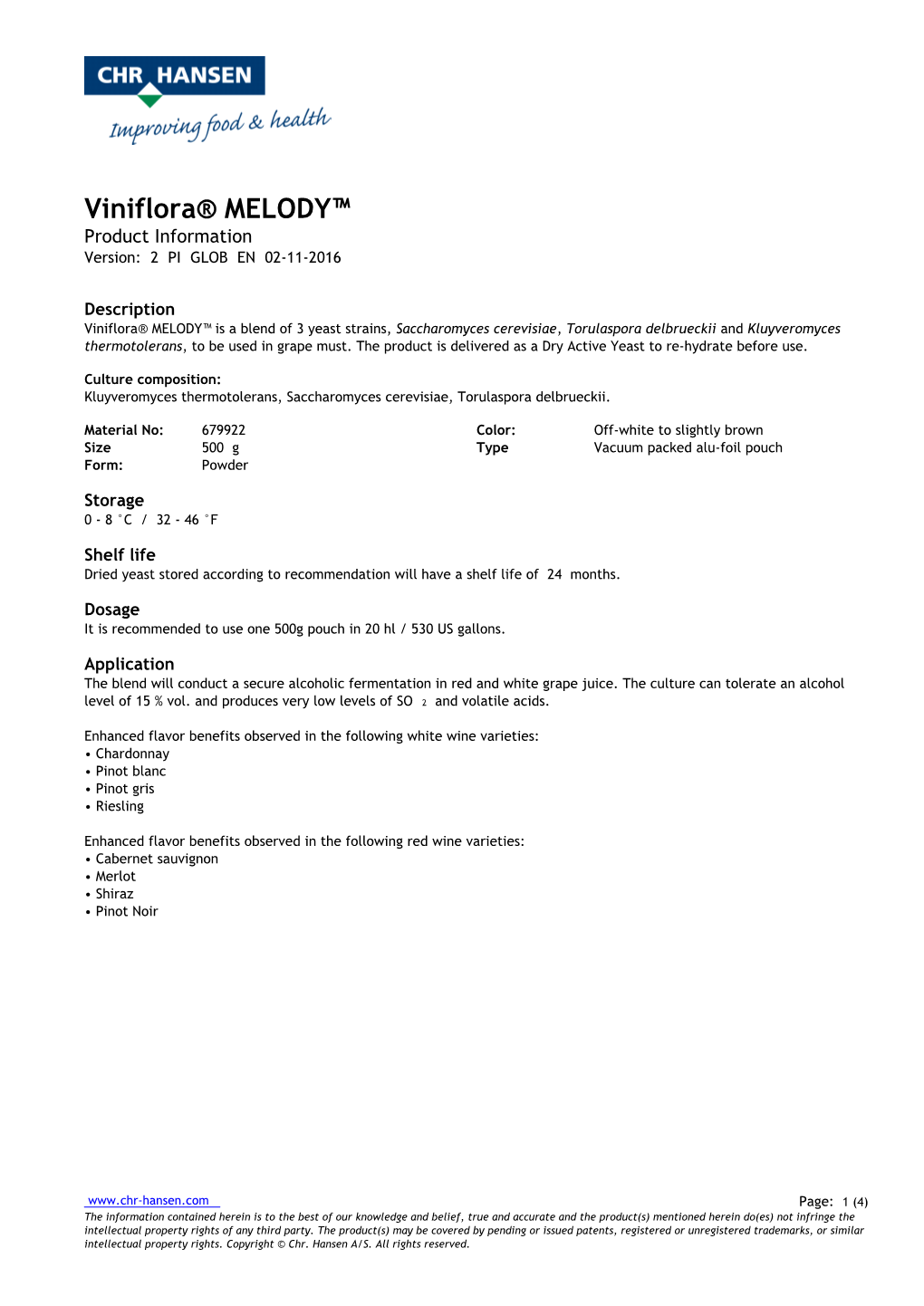 Chr Hansen Viniflora Melody Product Data Sheet