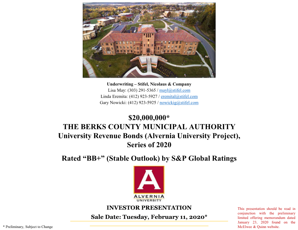 (Alvernia University Project), Series of 2020 Rated “BB+” (Stable Outlook) by S&P Global Ratings