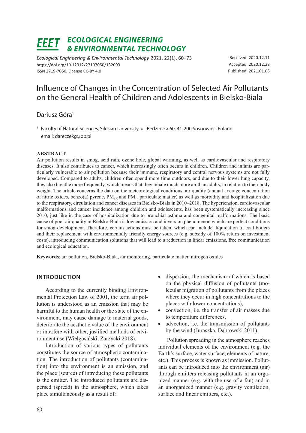 Influence of Changes in the Concentration of Selected Air Pollutants on the General Health of Children and Adolescents in Bielsko-Biala