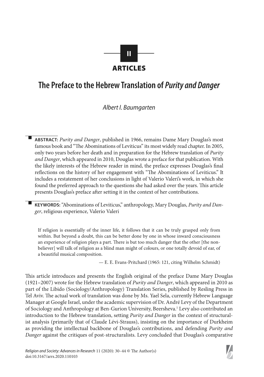 The Preface to the Hebrew Translation of Purity and Danger