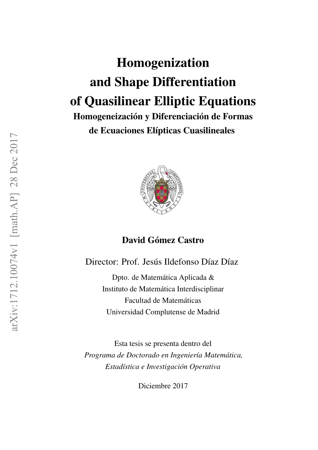 Homogenization and Shape Differentiation of Quasilinear Elliptic Equations Homogeneización Y Diferenciación De Formas De Ecuaciones Elípticas Cuasilineales
