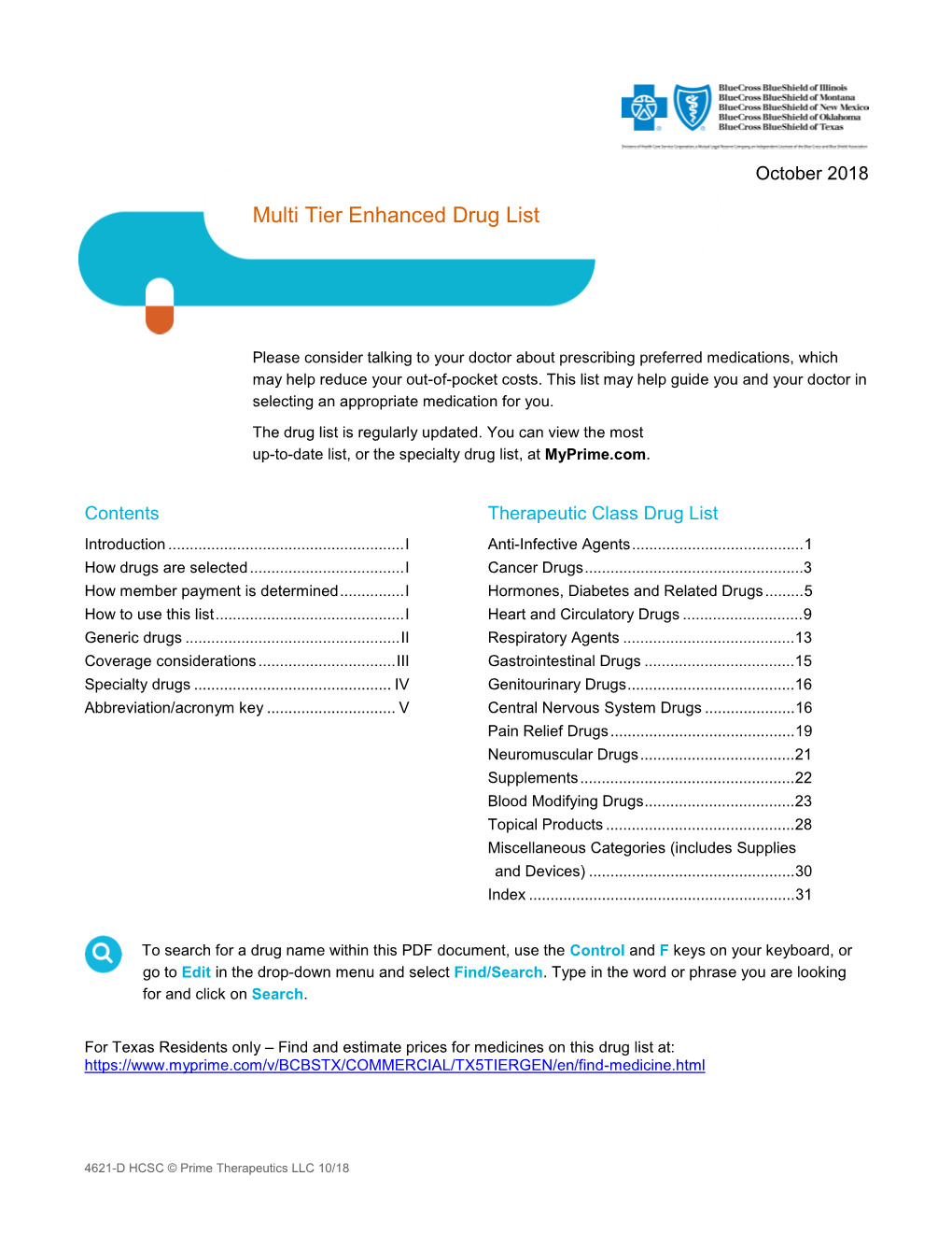 Blue Cross and Blue Shield October 2018 Multi Tier Enhanced Drug List