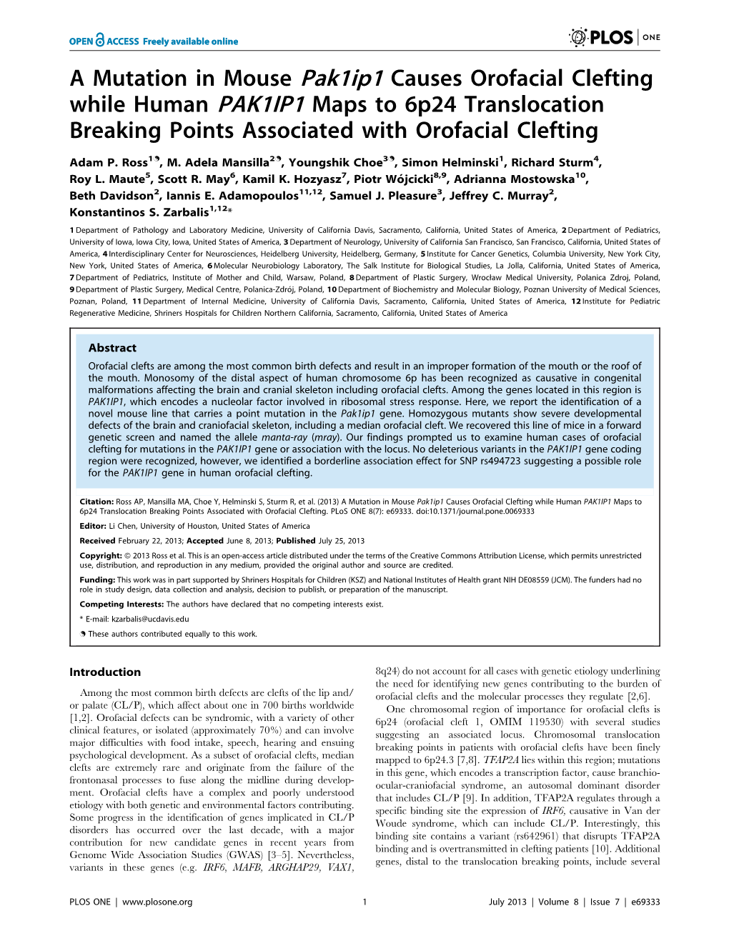 A Mutation in Mouse Pak1ip1 Causes Orofacial Clefting While Human PAK1IP1 Maps to 6P24 Translocation Breaking Points Associated with Orofacial Clefting