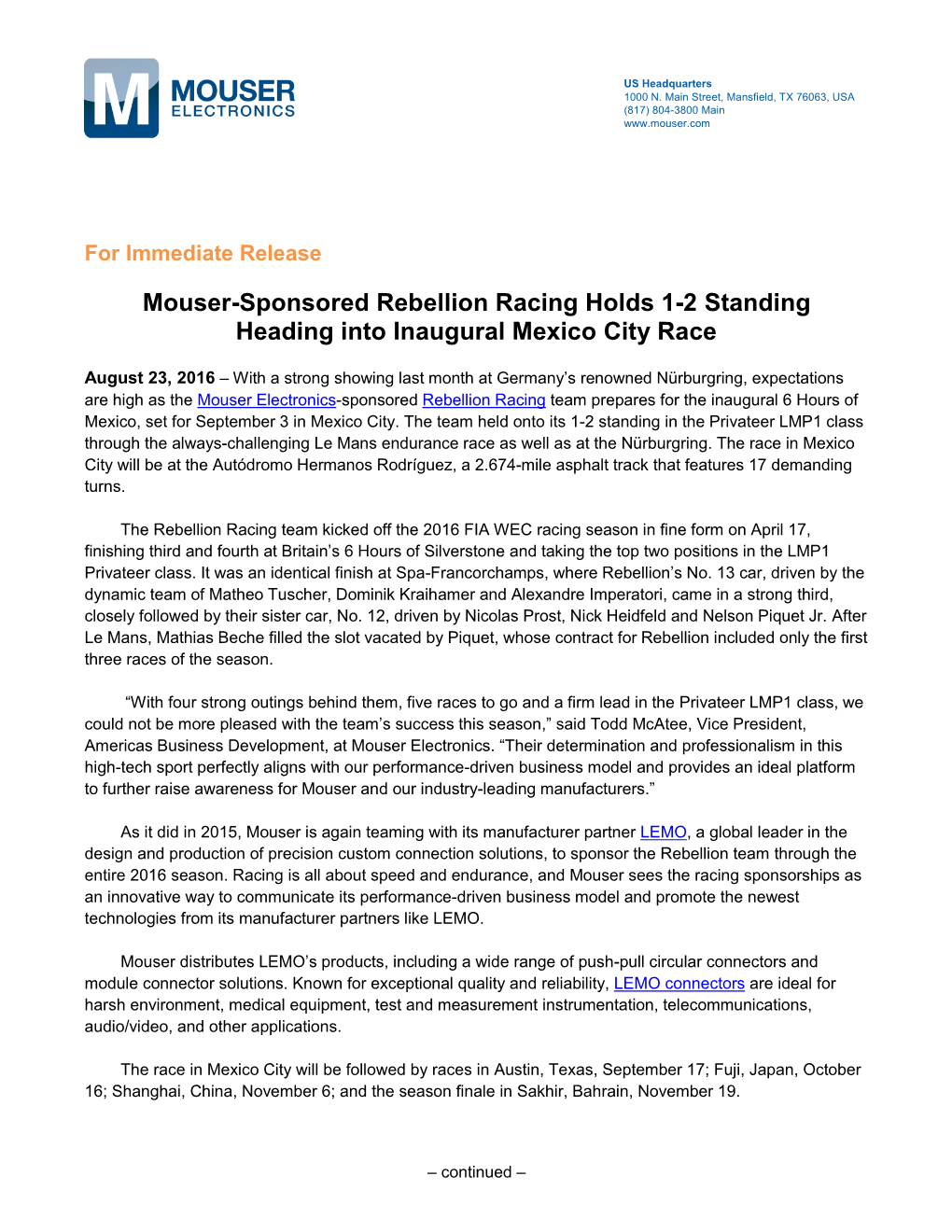 Mouser-Sponsored Rebellion Racing Holds 1-2 Standing Heading Into Inaugural Mexico City Race