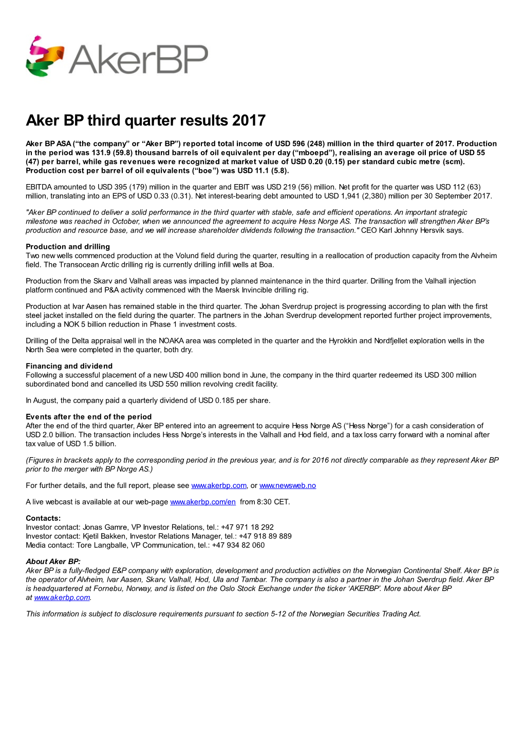 Aker BP Third Quarter Results 2017