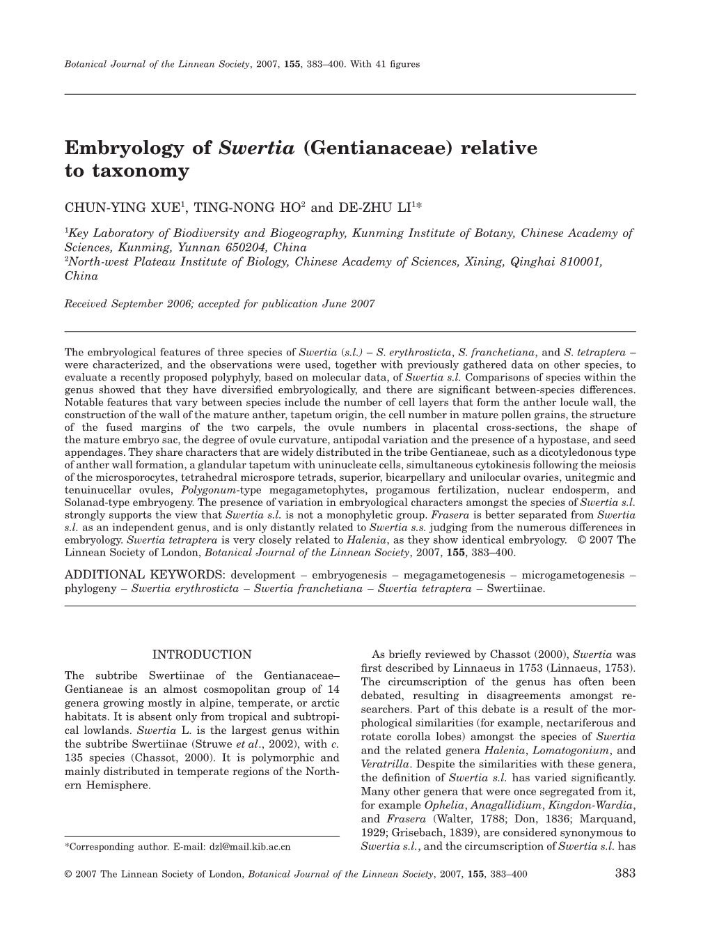 (Gentianaceae) Relative to Taxonomy